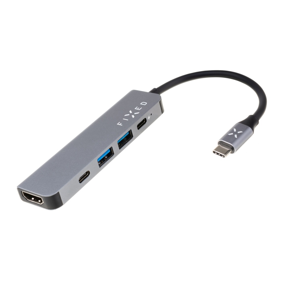 Ein grauer FIXED-Hub mit schwarzem Kabel und USB-C-Anschluss. Es hat mehrere Anschlüsse, einschließlich HDMI.