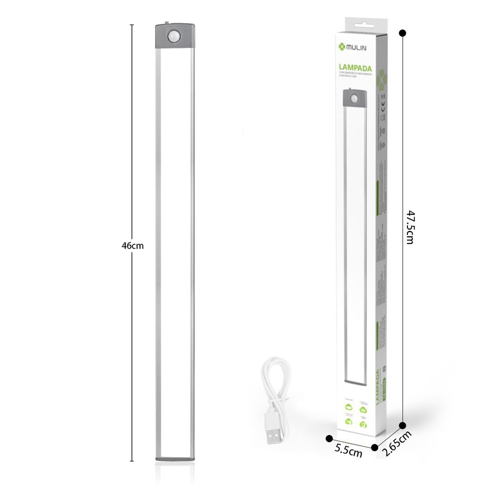Una lunga lampada a LED rettangolare con una scatola e un cavo USB. La scatola è verde e bianca, con le dimensioni della lampada.