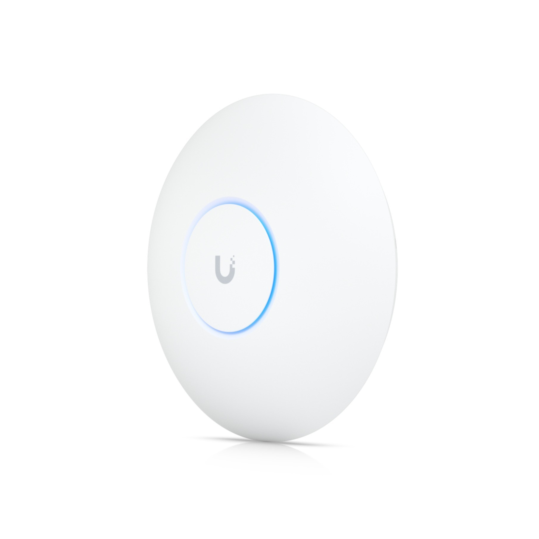 Un punto di accesso Ubiquiti bianco e circolare con una luce blu attorno al logo centrale.