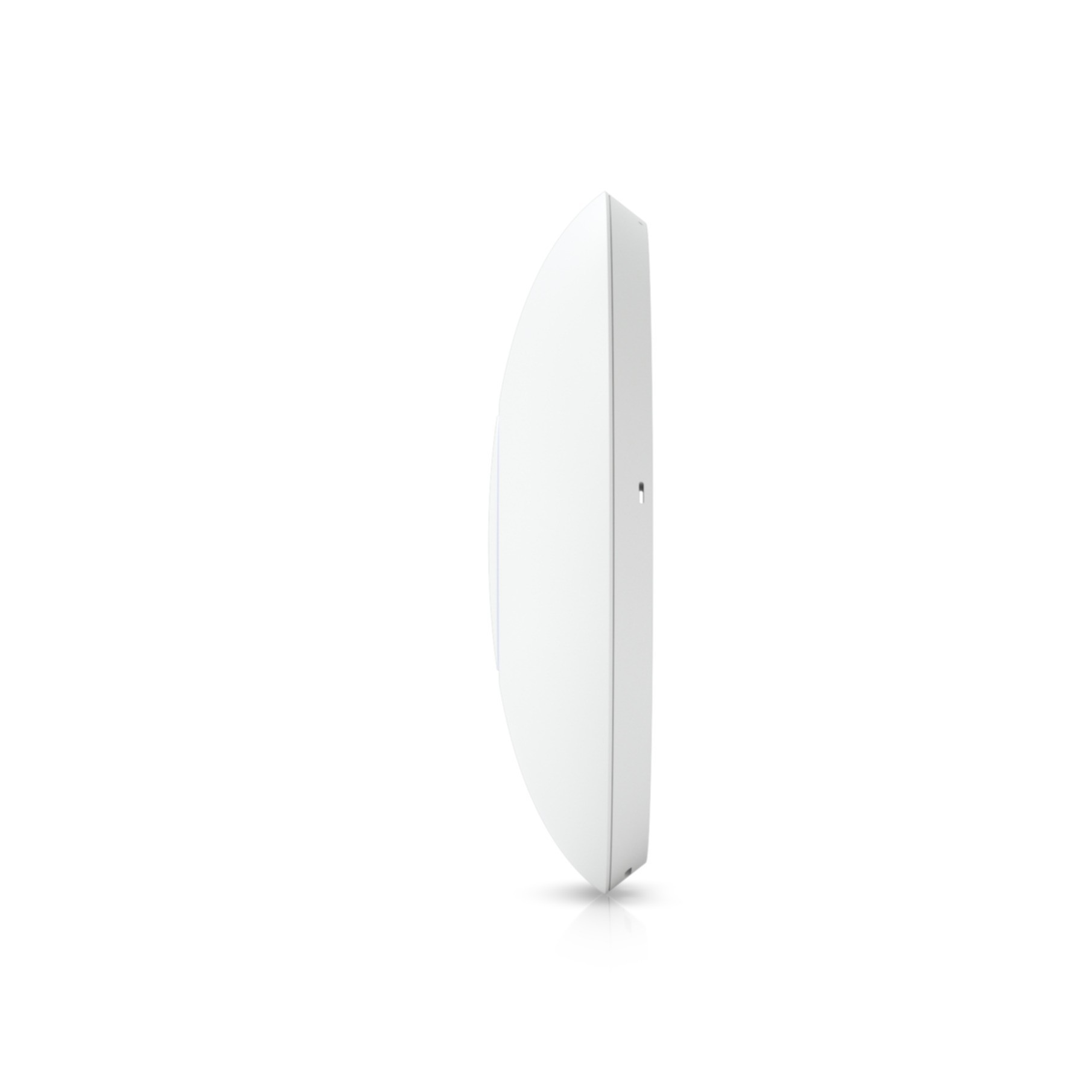 Un dispositivo bianco e arrotondato con retro piatto e piccola porta laterale, isolato su sfondo bianco.