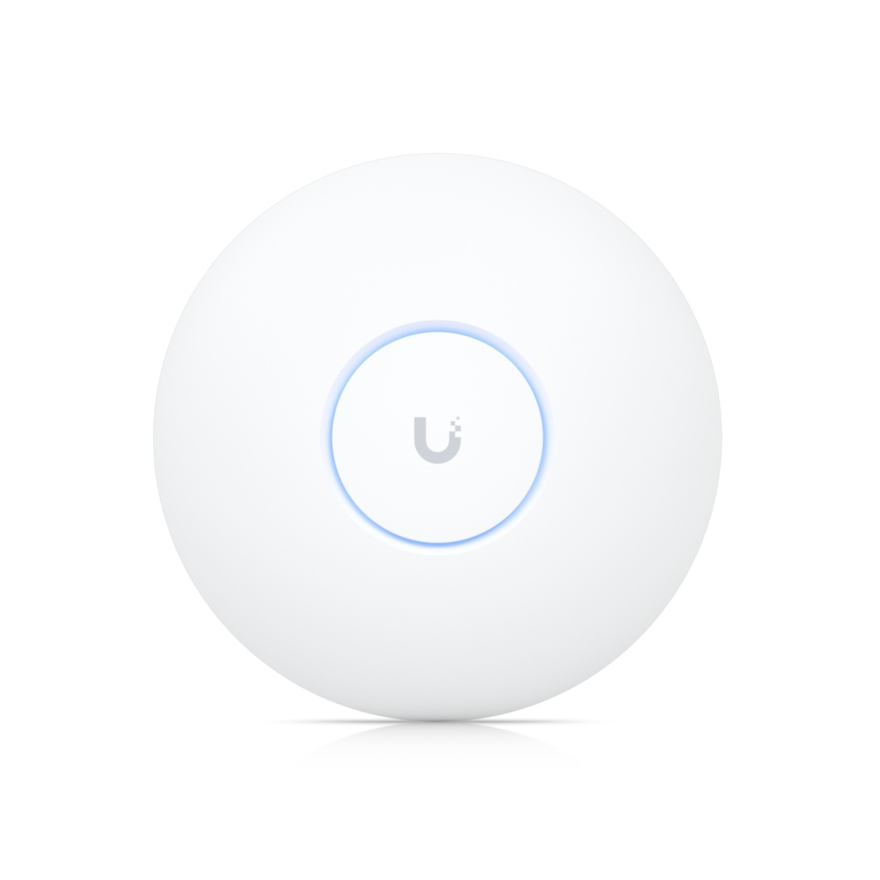 Un dispositivo bianco circolare con un logo centrale illuminato a forma di U, isolato su bianco.