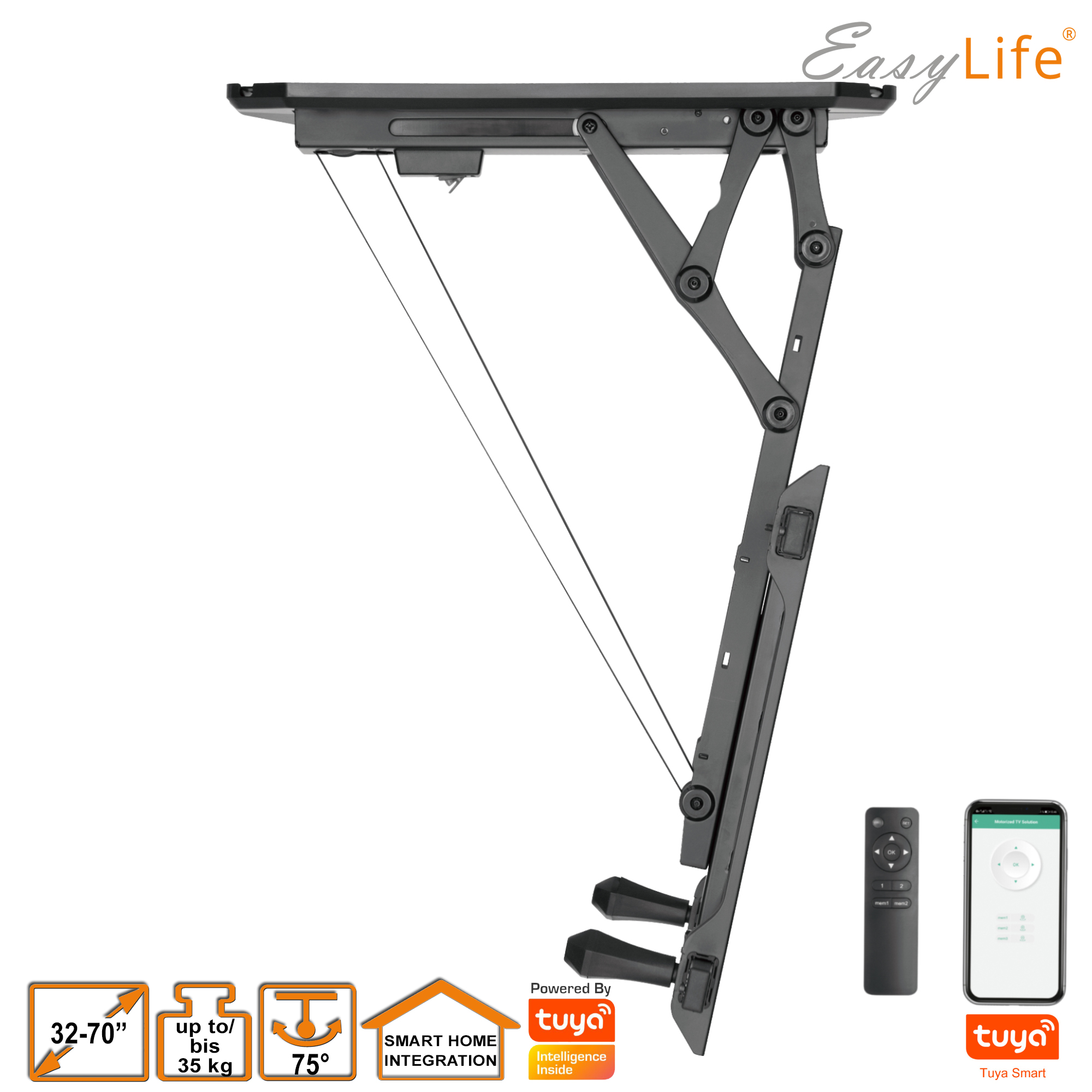 Schwarze TV-Halterung mit mechanischen Armen, Fernbedienung und Telefon. EasyLife-Logo und Produktspezifikationen.