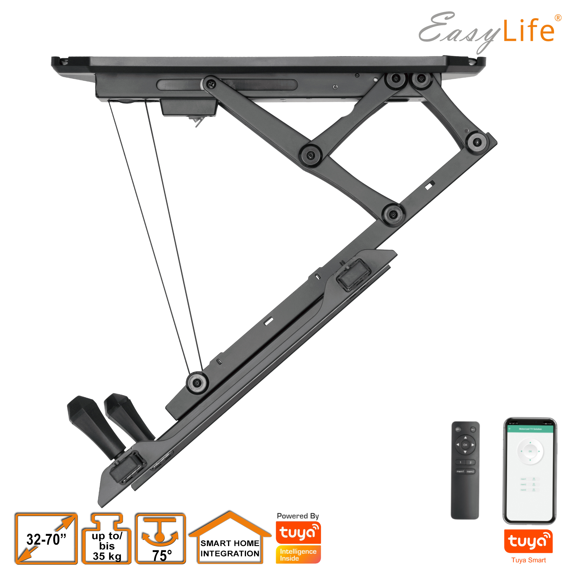 Schwarze TV-Halterung mit mechanischen Armen, Fernbedienung und Telefon. EasyLife-Logo und Produktspezifikationen.