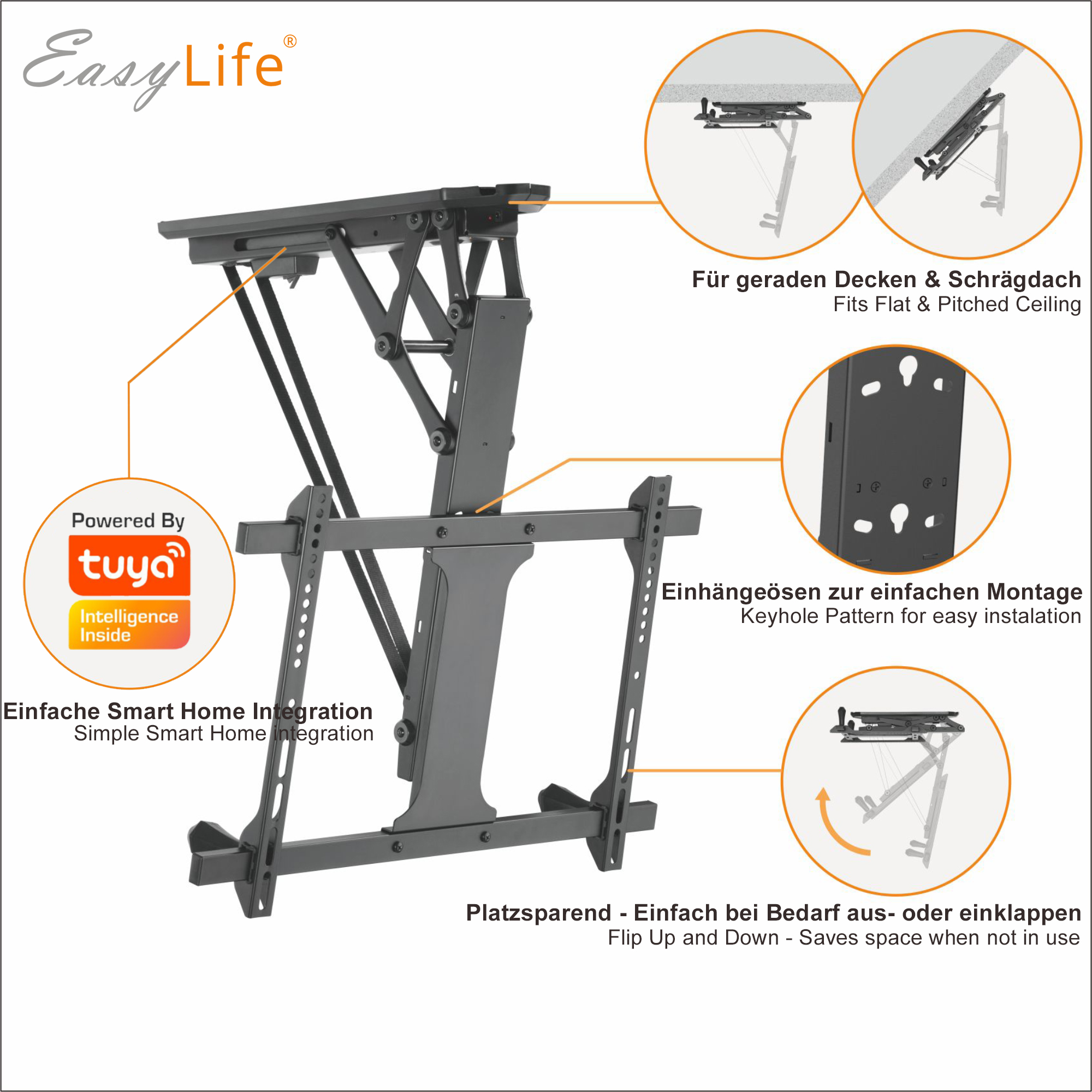 Eine Easy Life TV-Halterung mit Pfeilen, die auf Funktionen zeigen. Inklusive Smart-Home-Integration, flacher/schräger Deckenanpassung und platzsparendem Design.