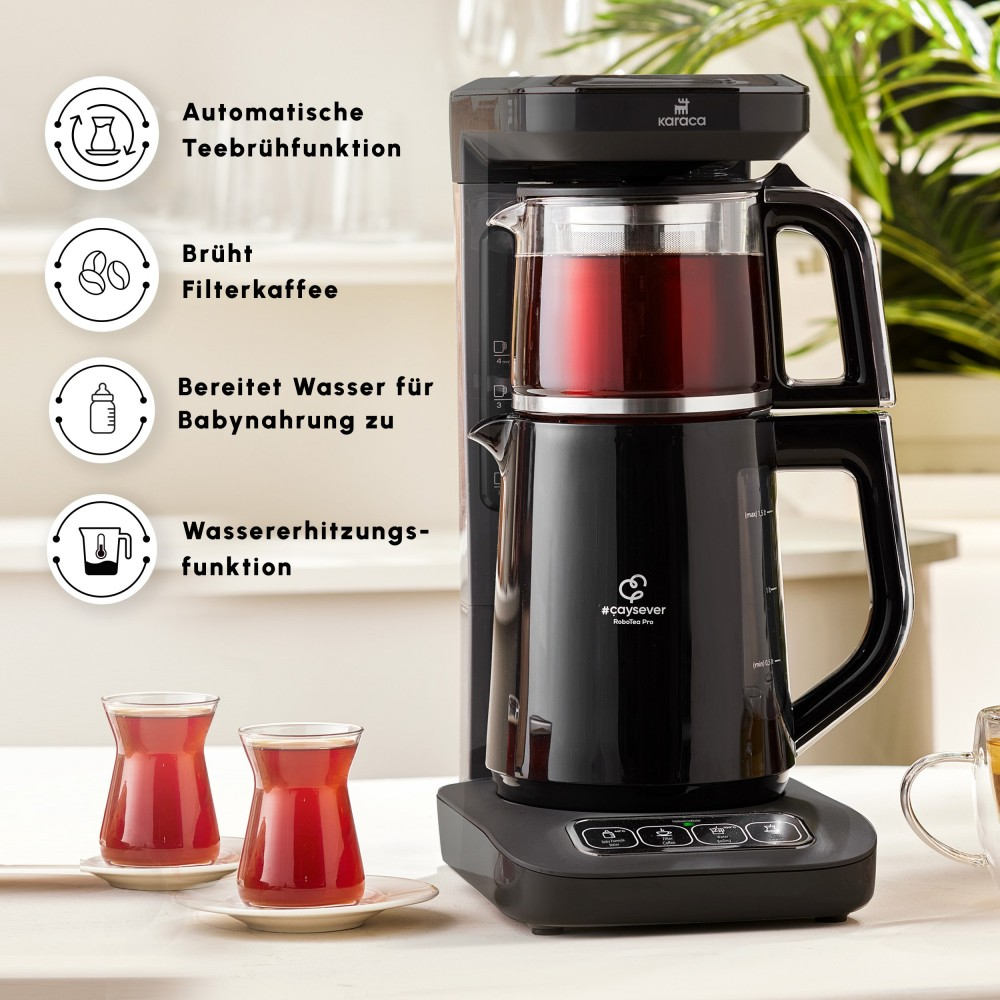 İkonlar ve çay fincanları ile çay makinesi, otomatik çay fonksiyonu, filtre kahve ve daha fazlası.