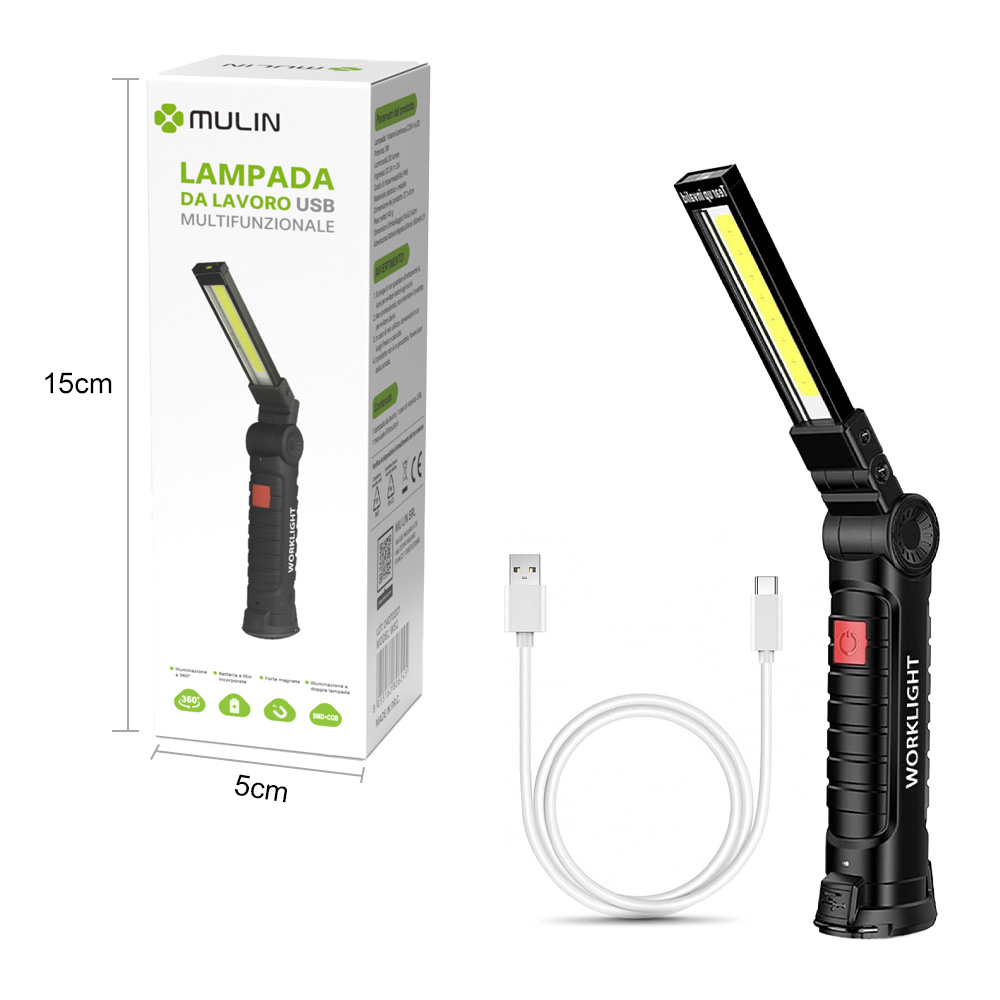 Luce da lavoro bianca e nera con scatola, cavo USB. La scatola dice 'LAMPADA DA LAVORO USB MULTIFUNZIONALE'.