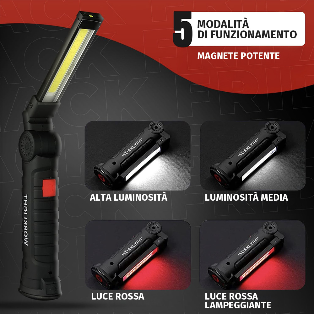 Una lampada da lavoro con diverse modalità di luce, mostrando design e funzioni.