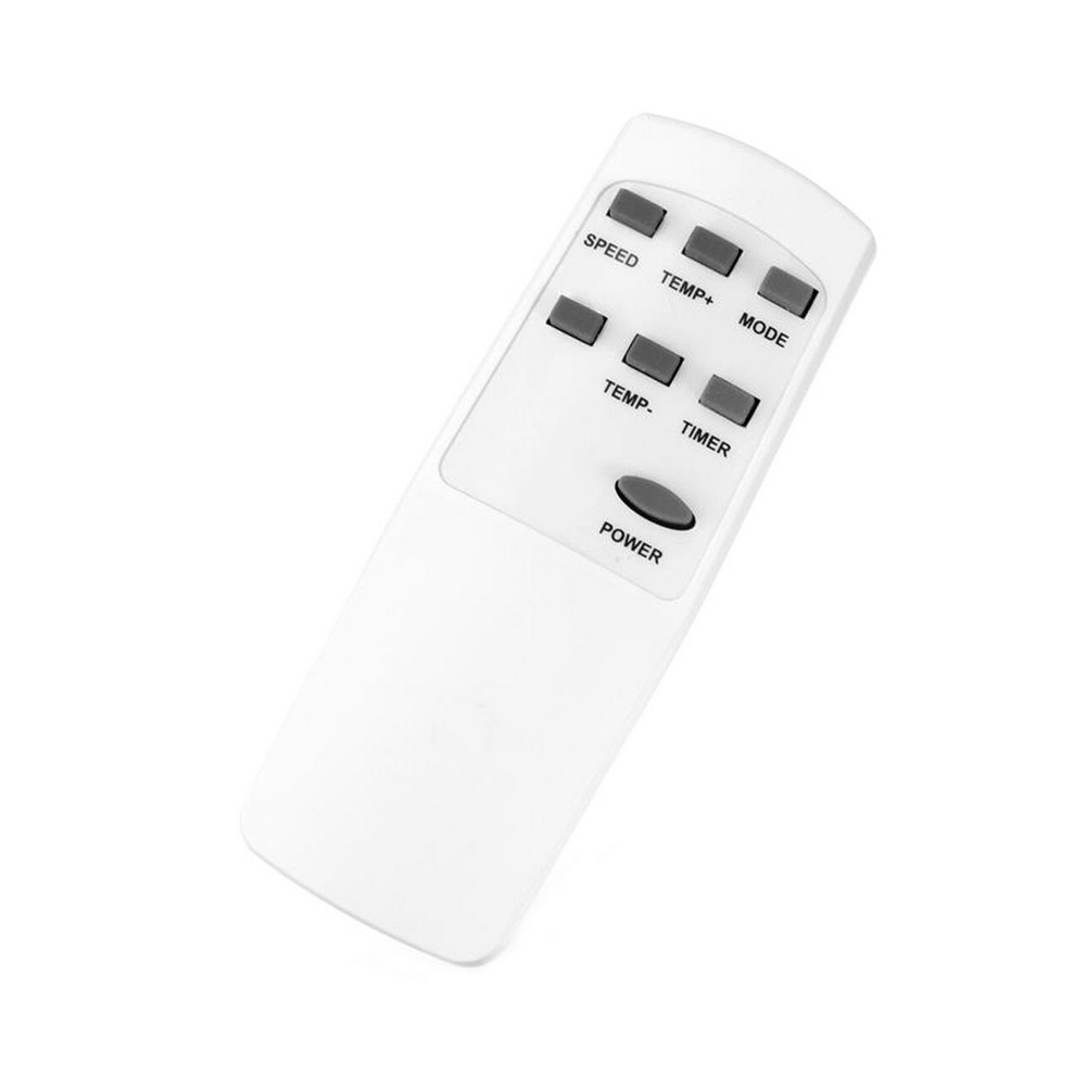Witte afstandsbediening met knoppen SPEED, TEMP+, MODE, TEMP-, TIMER en POWER. Allemaal witte achtergrond.
