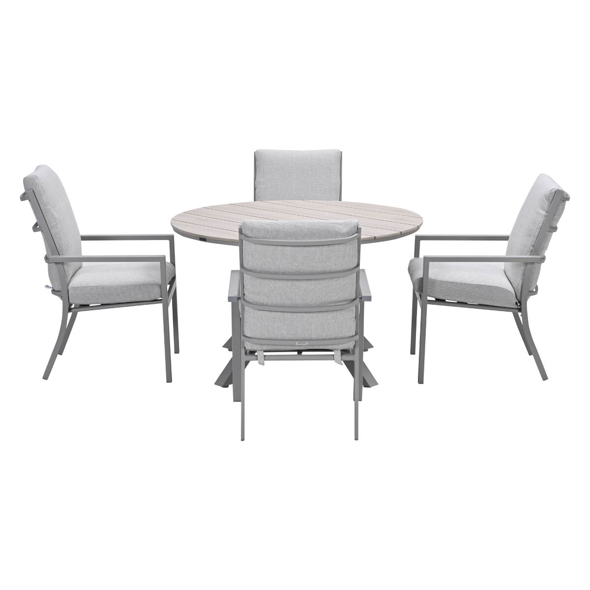 A round wooden table with four gray chairs. The chairs have gray cushions. The background is plain white.