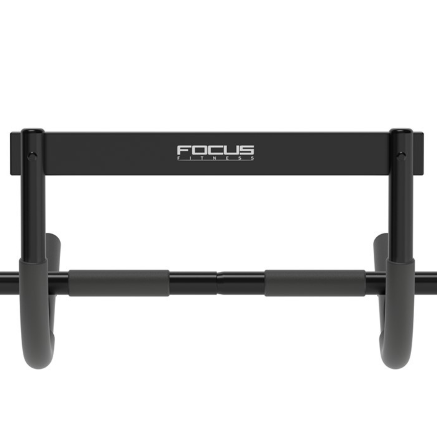 Black pull-up bar with gray handles, mounted on a white background.