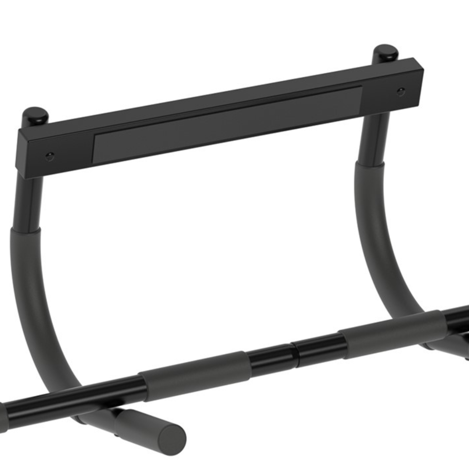 Black pull-up bar, close-up. Has gray handles and a black frame.