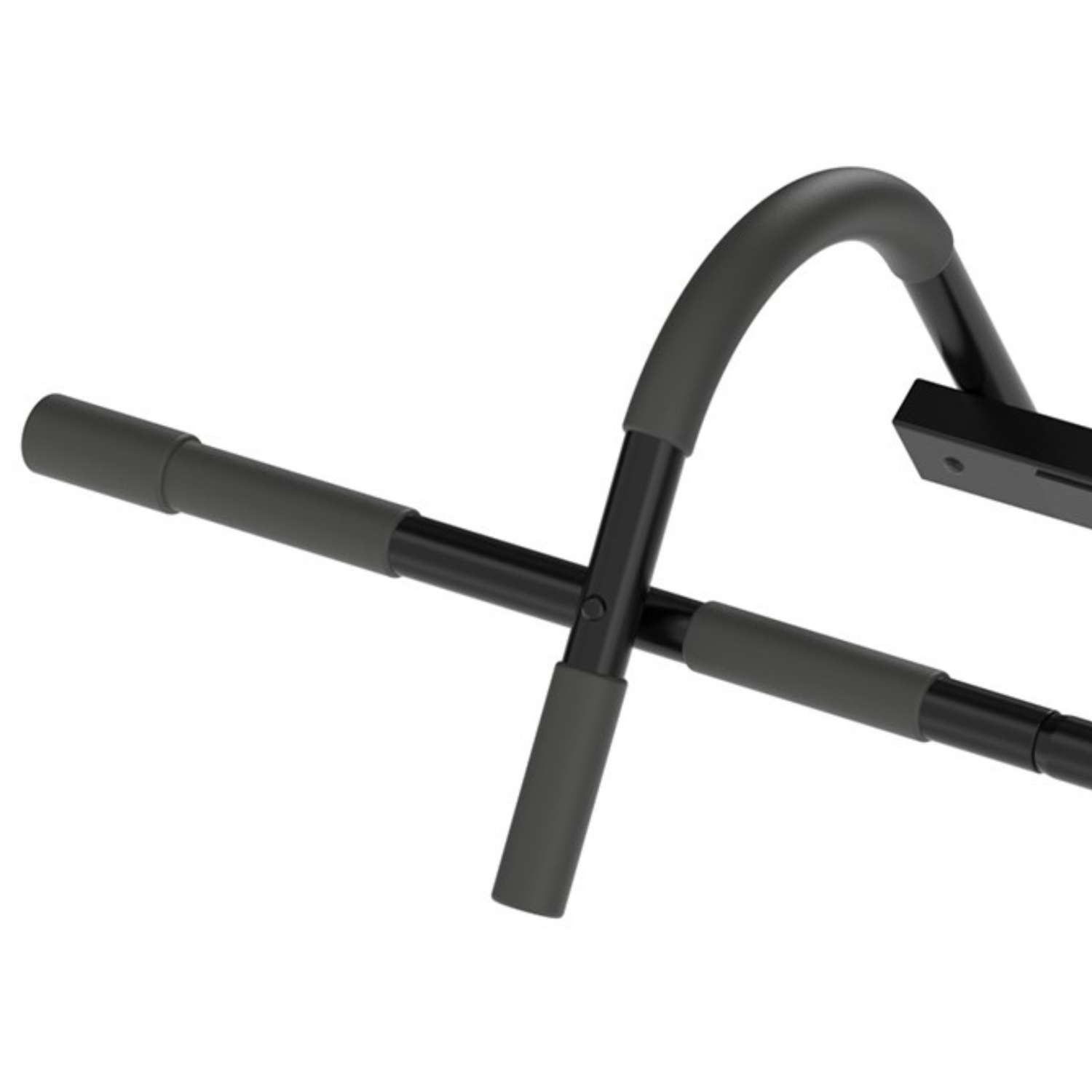 Black pull-up bar. The bar has gray handles and a black frame.