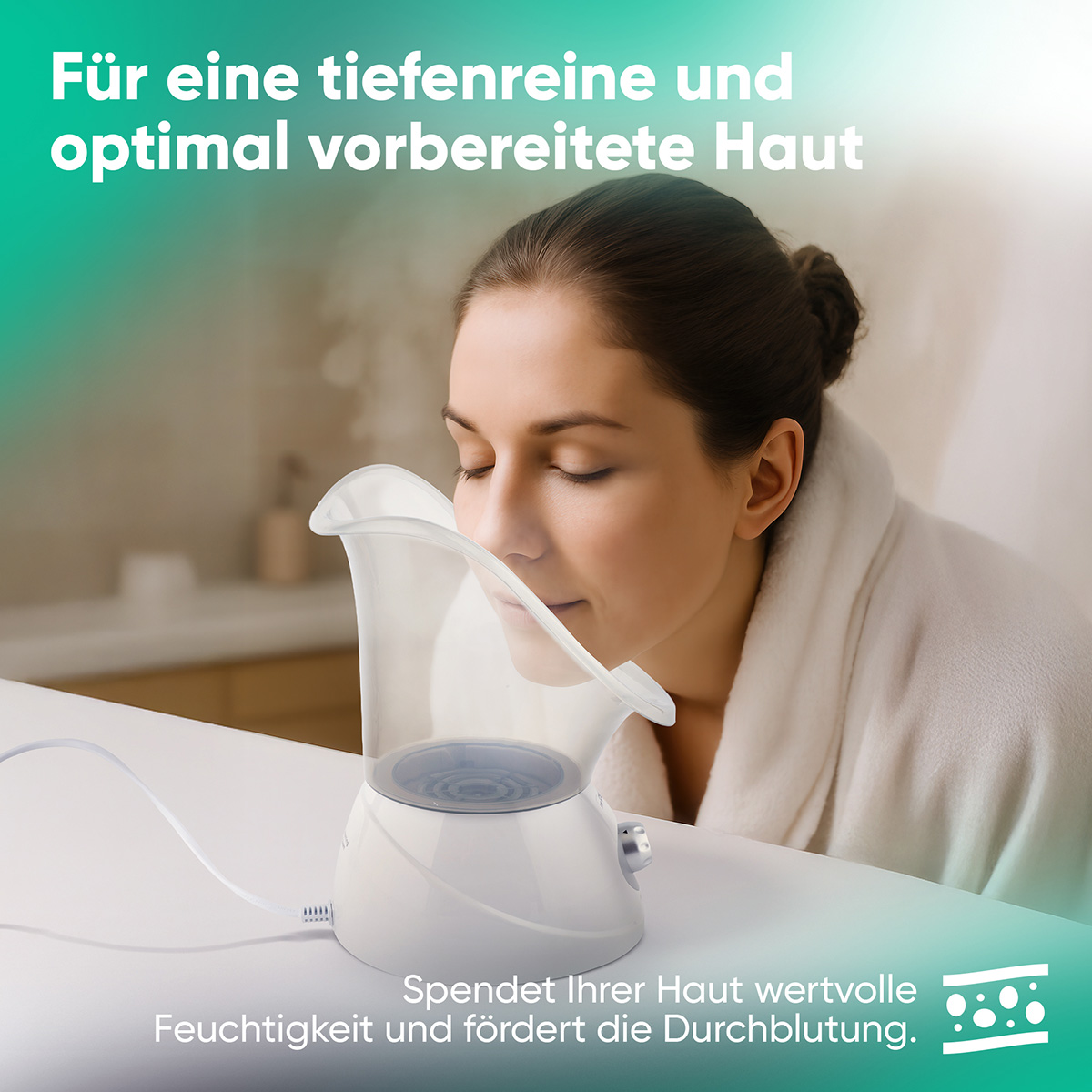 Kobieta używa parownika do twarzy. Biały szlafrok, zamknięte oczy i para. Tekst w języku niemieckim.