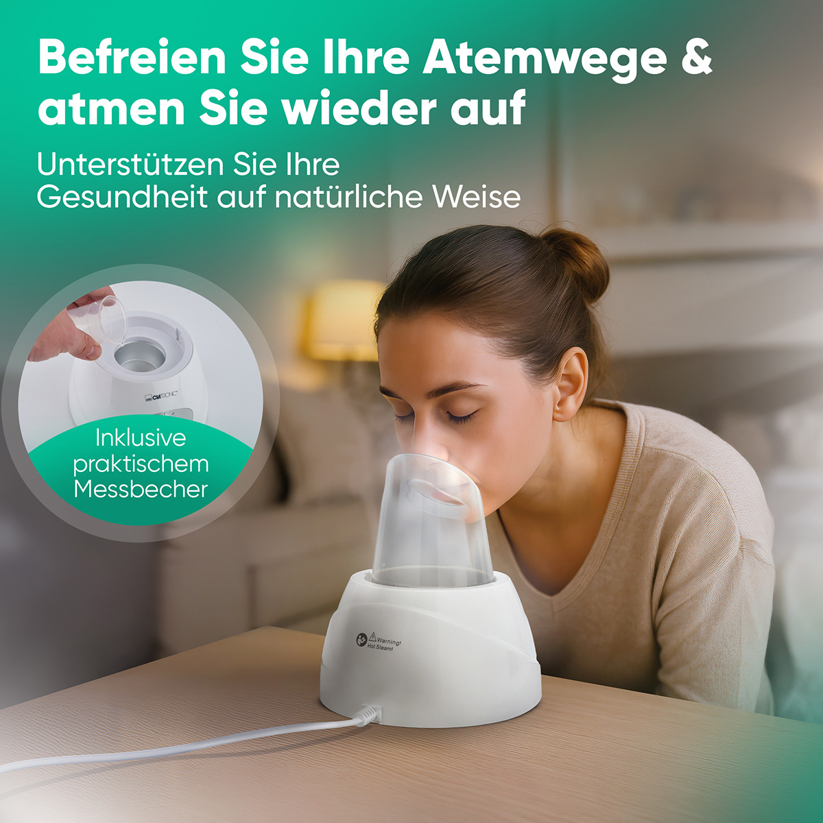 Kobieta używająca parownika do twarzy. Obraz zawiera tekst oraz zbliżenie parownika i zielone koło.