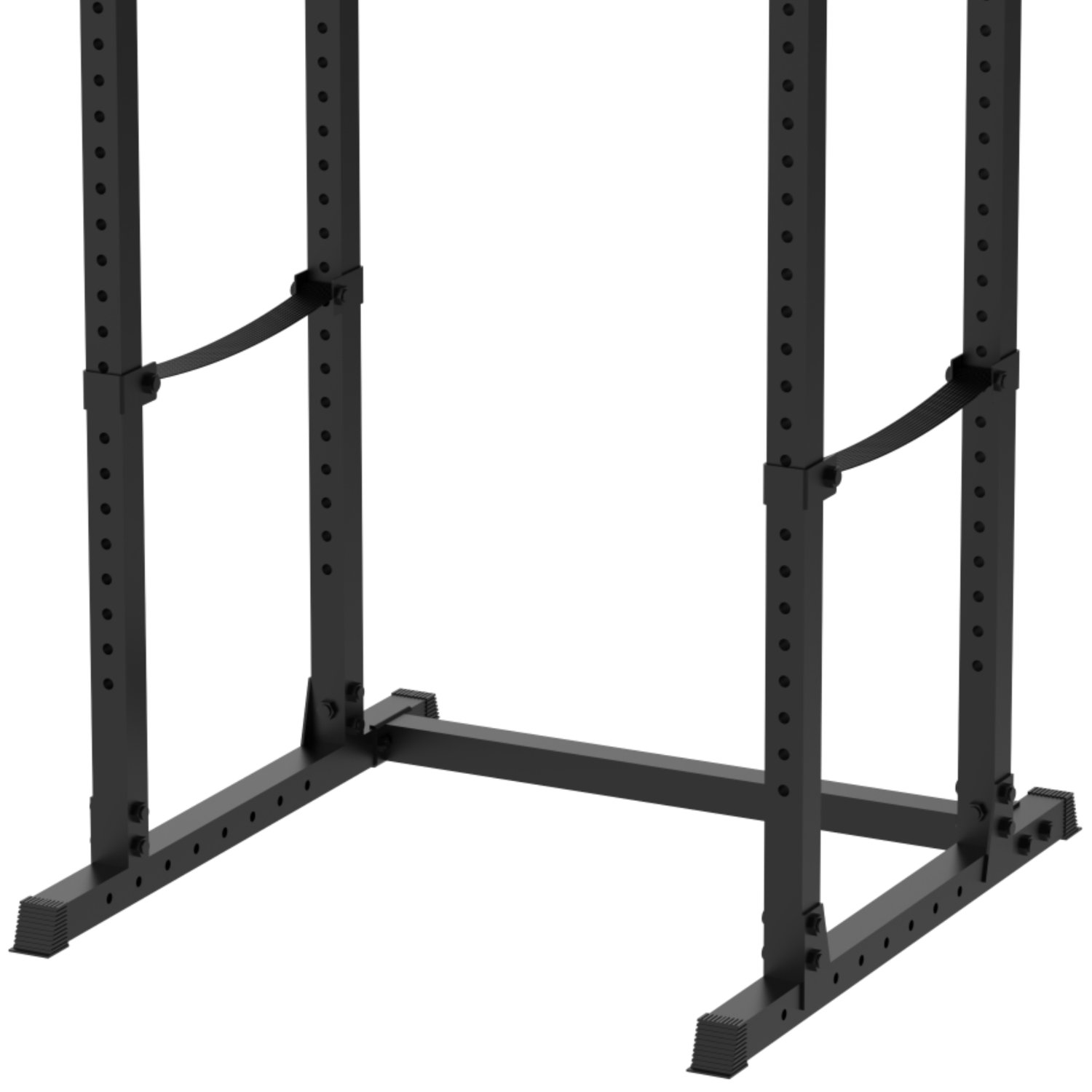 Een zwart power rack voor gewichtheffen. Het heeft meerdere niveaus om de halter in te stellen. Op een witte achtergrond.