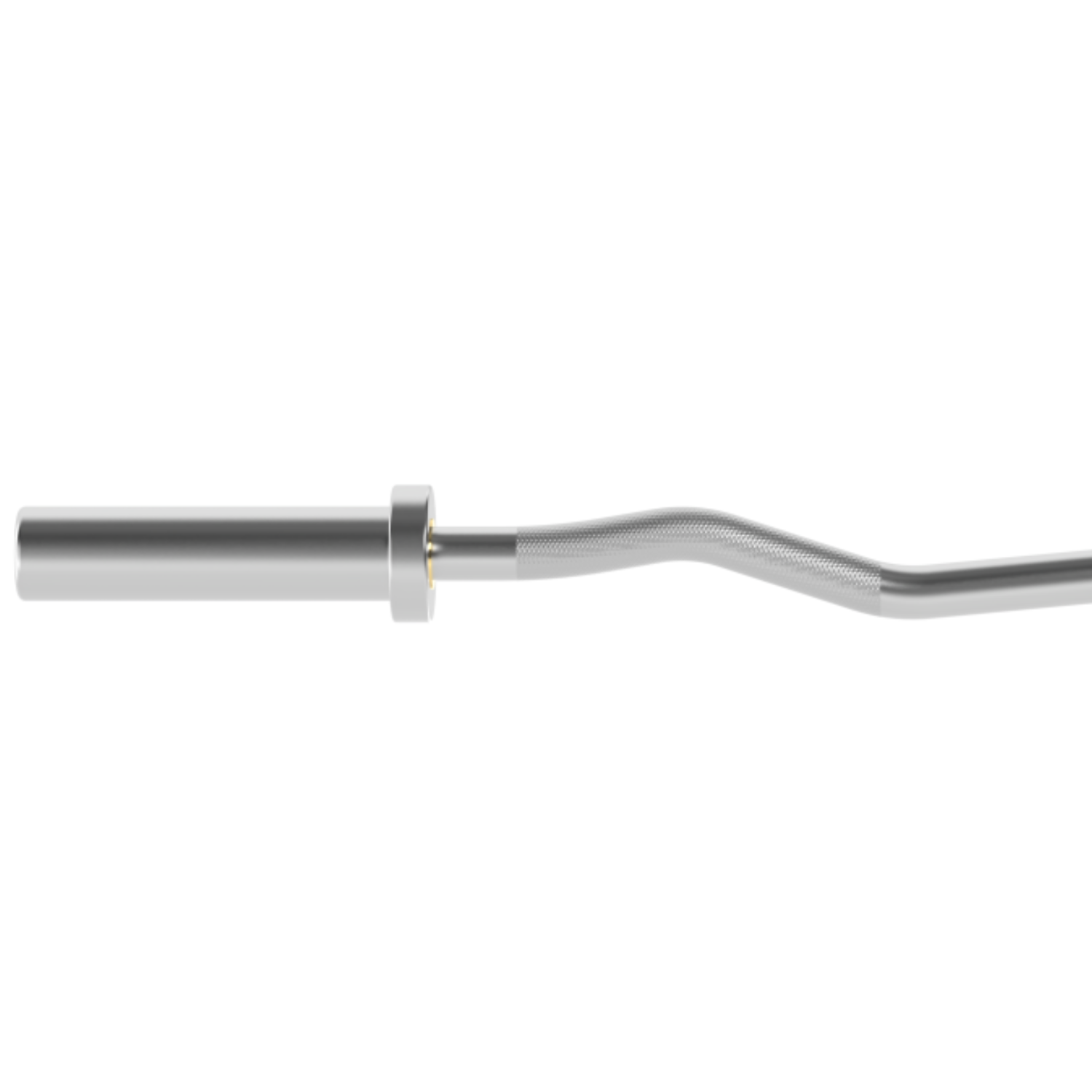 A silver barbell with curved design. The bar is on a white background. The bar is angled.