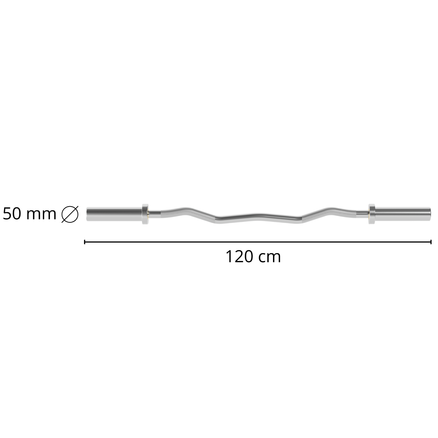 Silver weightlifting bar. It has two weights on each end and the text 120cm, 50mm Ø.