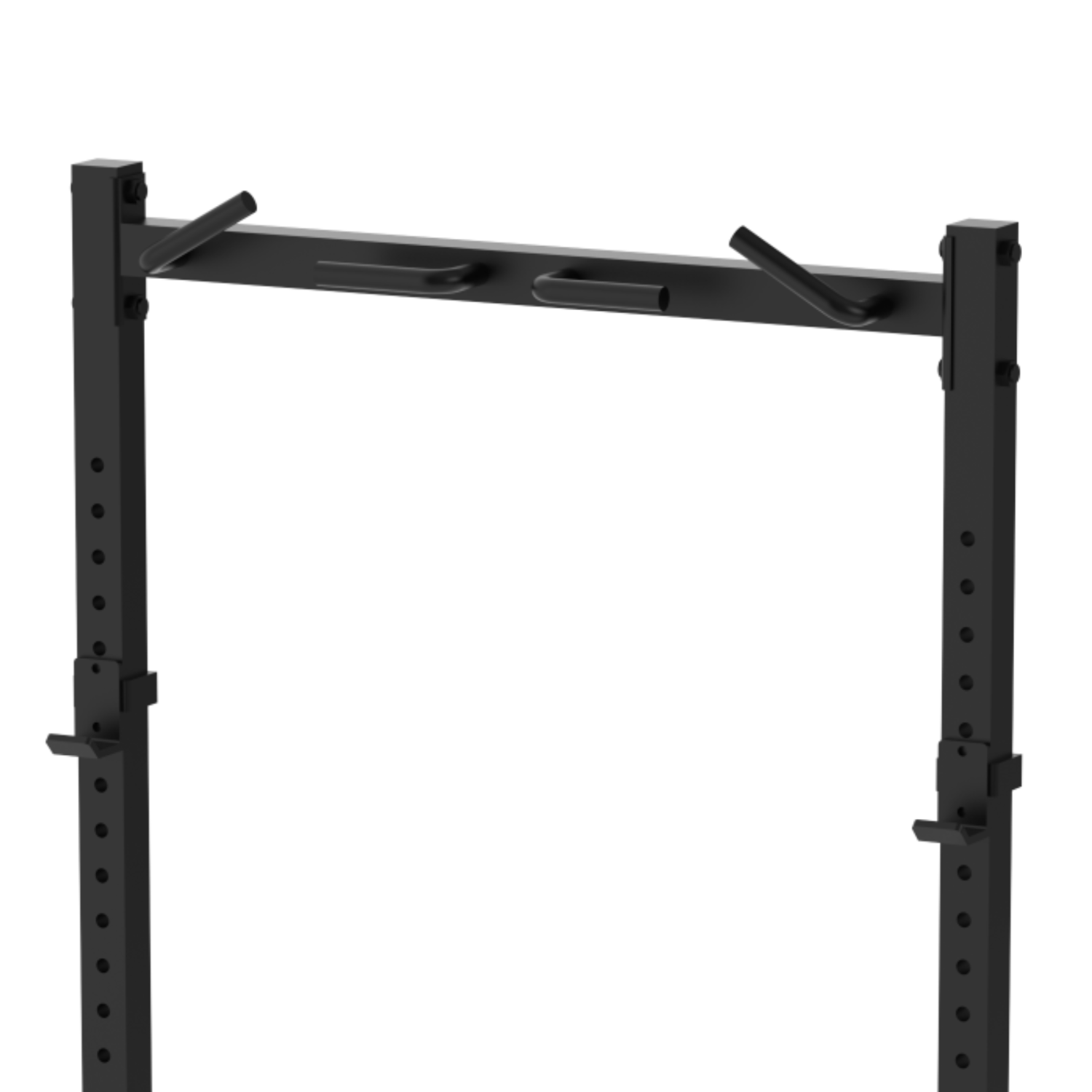 Rack d'haltérophilie noir. Barres de traction et supports réglables. Poteaux verticaux avec trous.