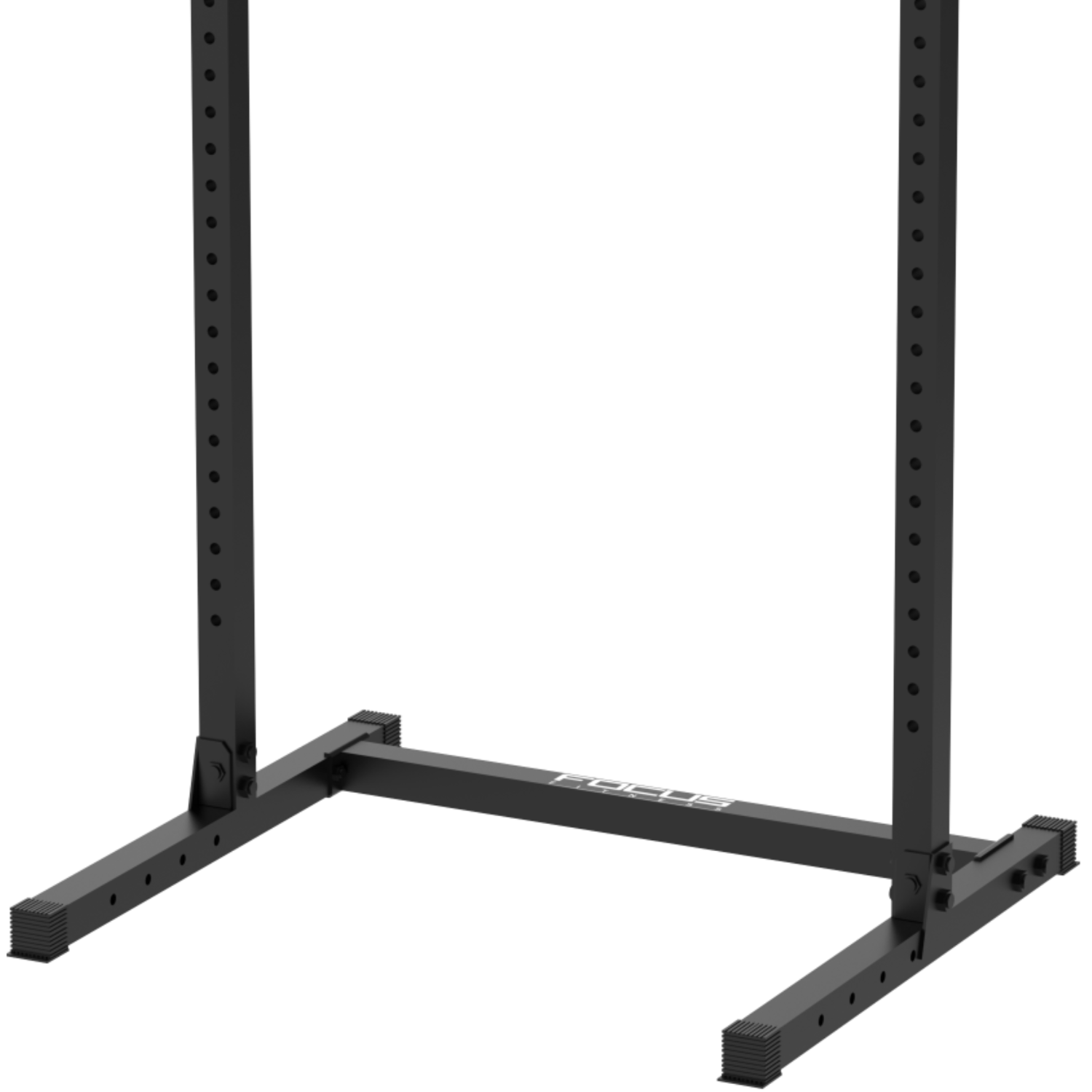 Rack d'haltérophilie noir. Base avec le mot 'FOCUS'. Supports verticaux avec trous de réglage.