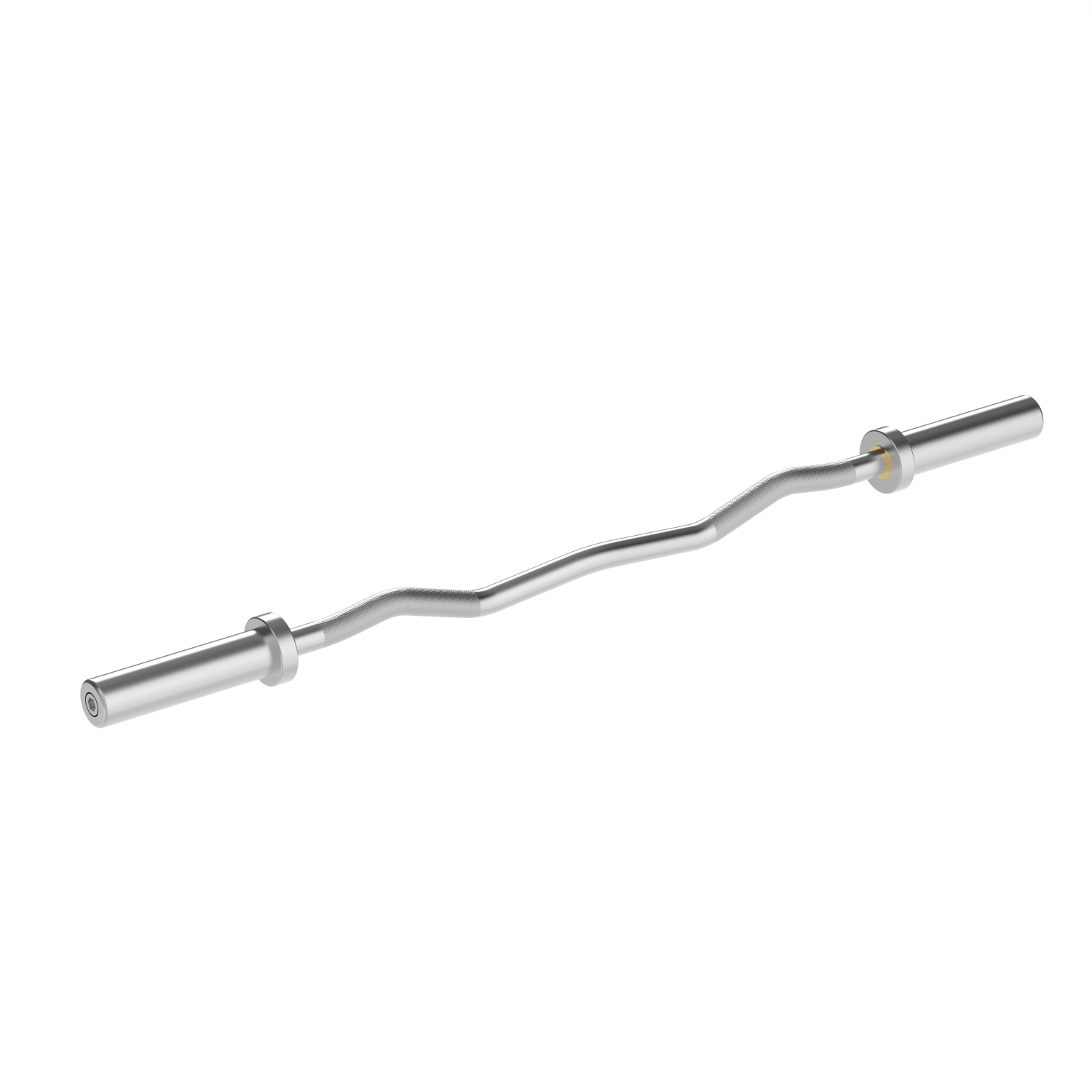 A silver EZ curl bar on a white background. The bar is curved in the middle and has weight plates on each end.
