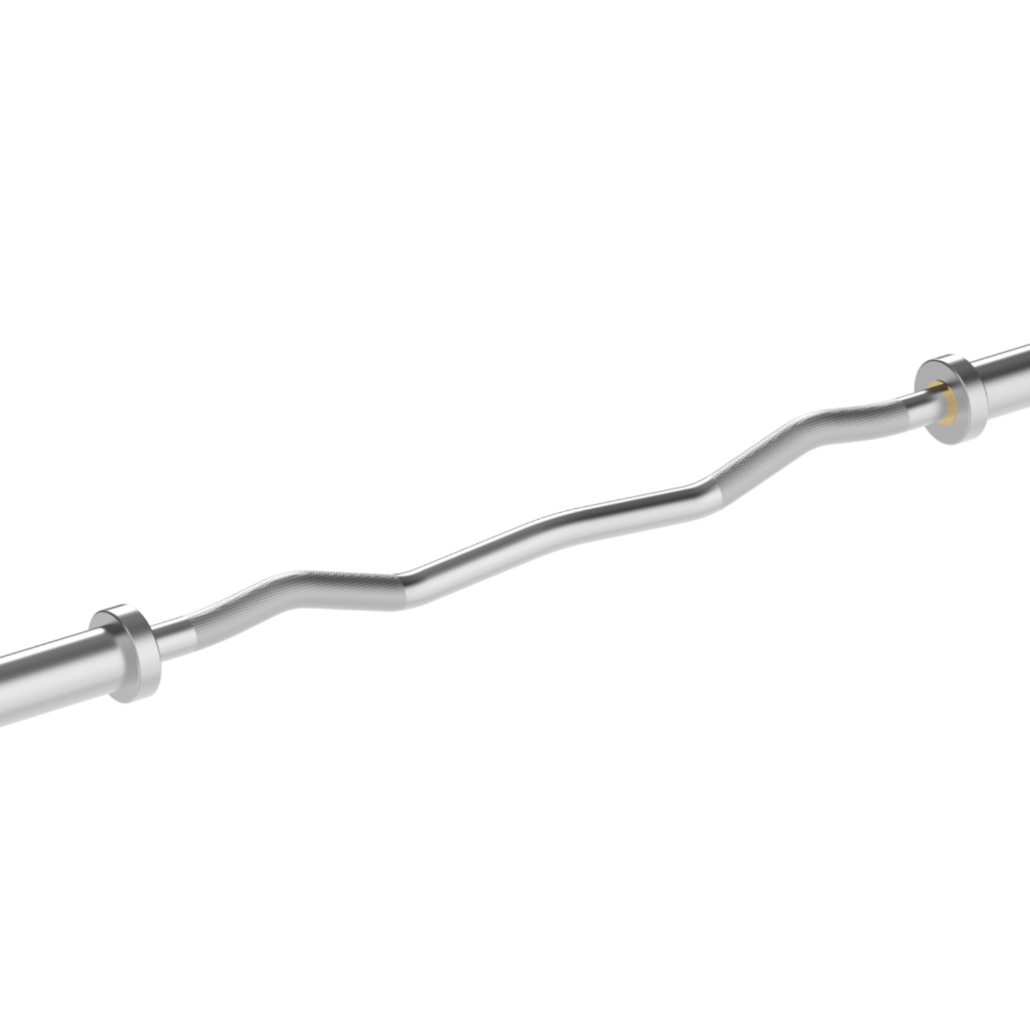 A silver EZ curl bar on a white background. The bar is curved in the middle and has weight plates on each end.