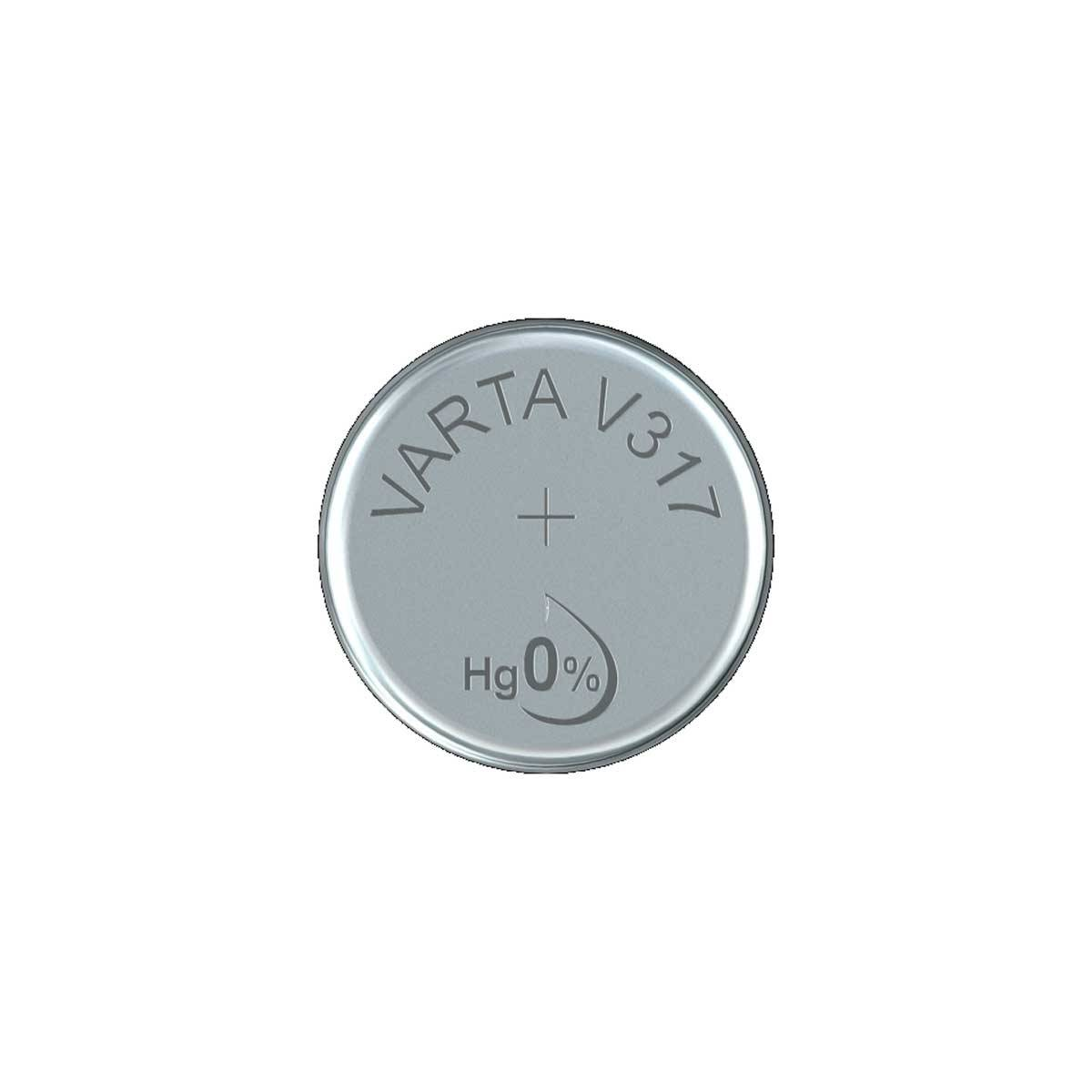 A silver Varta V317 battery, with a plus sign and Hg 0% symbol, on a white background. The battery is round.