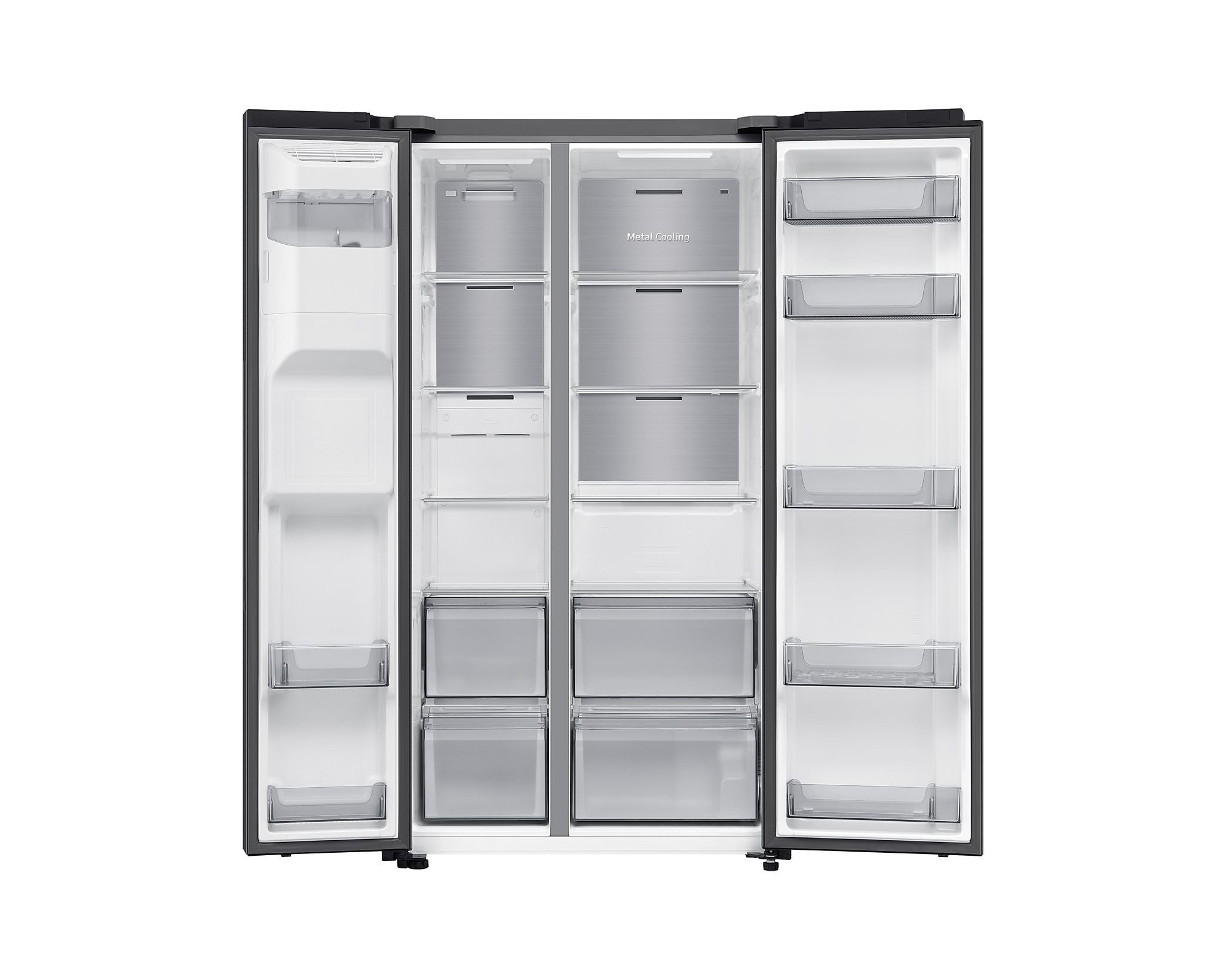 Otwarta czarna lodówka Samsung side-by-side. Wewnątrz półki, szuflady i przegrody. Białe tło.