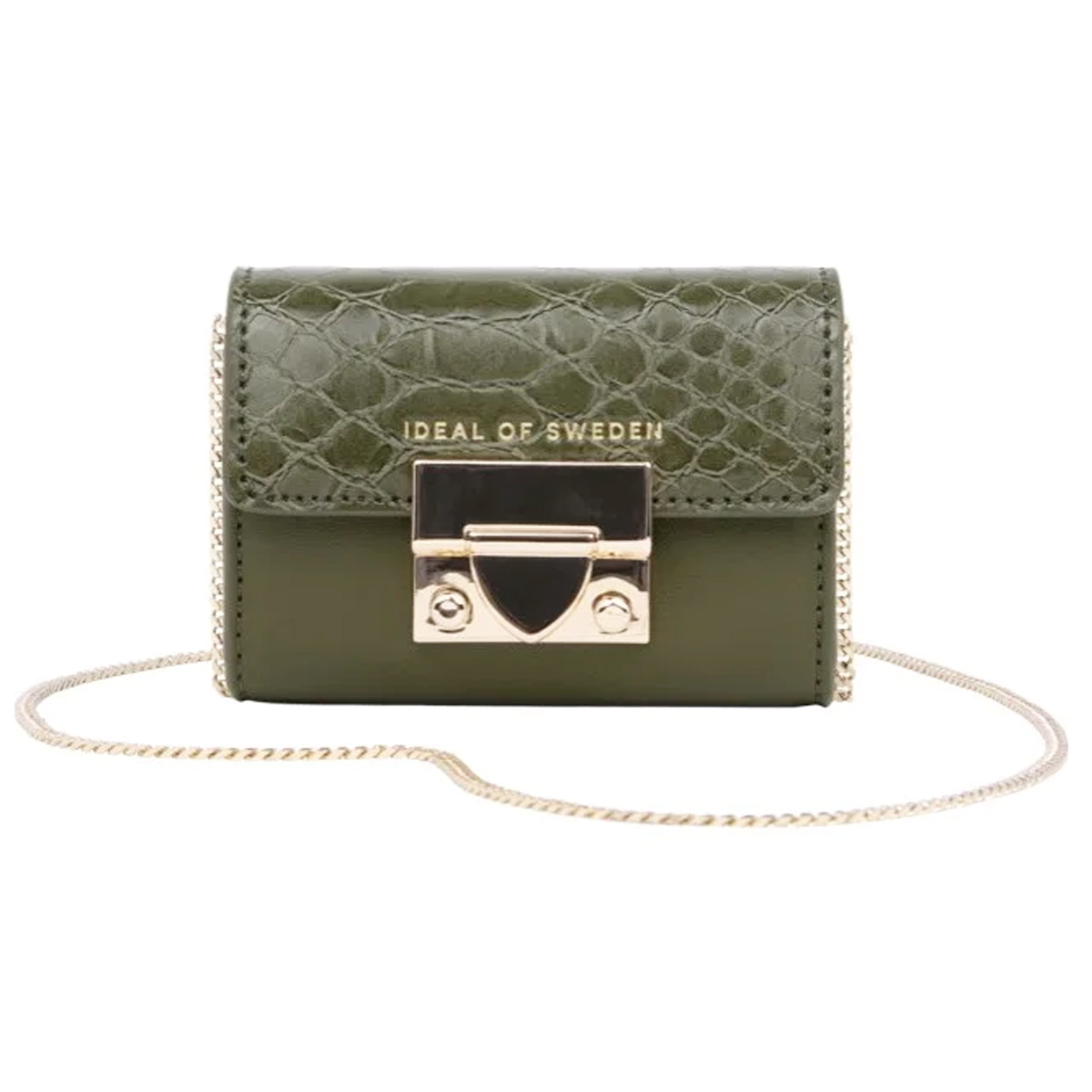 Borsetta in pelle verde con catena dorata. Scritta 'IDEAL OF SWEDEN'.