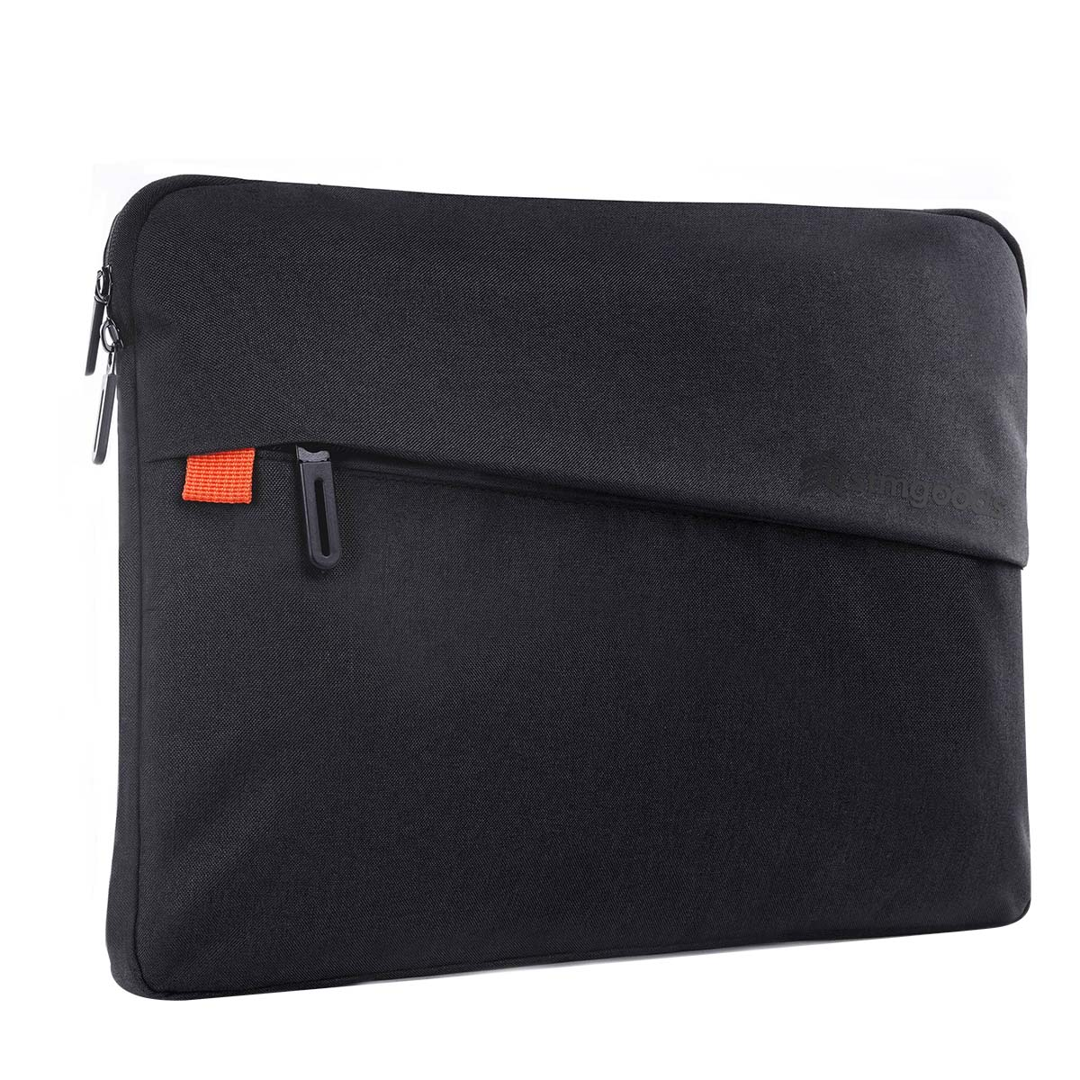 Schwarze Laptoptasche mit Reißverschluss und orangefarbenem Lasche. Die Oberfläche ist glatt.