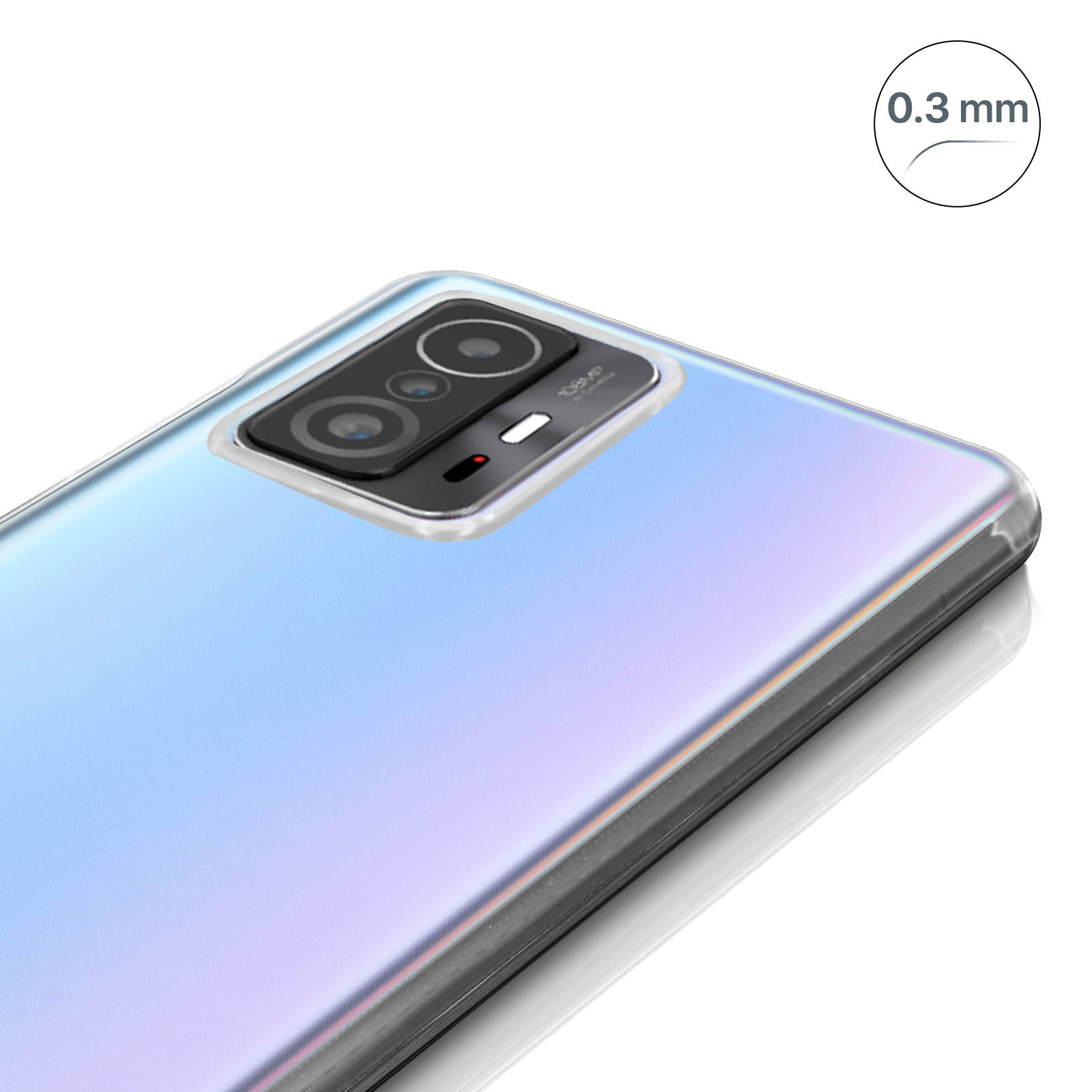 Custodia per smartphone con telefono all'interno. La custodia è trasparente e ha un'etichetta da 0,3 mm.
