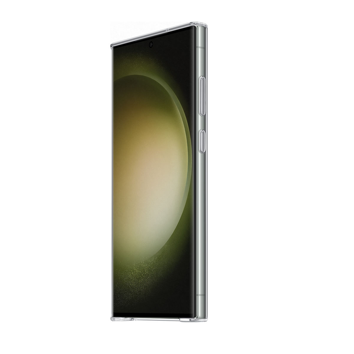 Przezroczyste etui na telefon na białym tle. Telefon ma ekran z abstrakcyjnym zielonym wzorem.