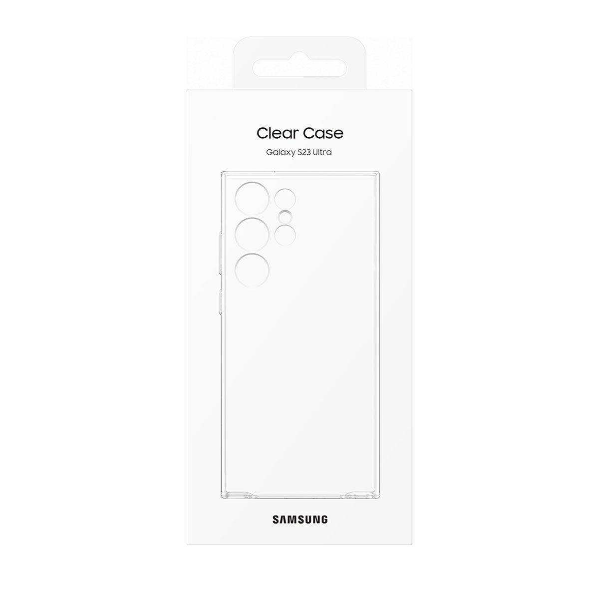 Przezroczyste etui na telefon w opakowaniu. Opakowanie zawiera etui i tekst 'Clear Case' oraz 'Galaxy S23 Ultra'.