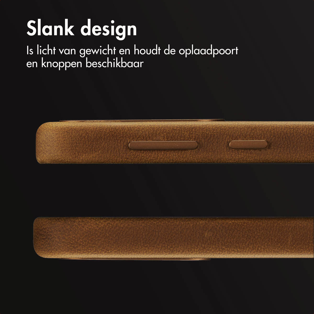 Gros plan sur une coque de téléphone marron, montrant les boutons et le bord. Le fond est noir.