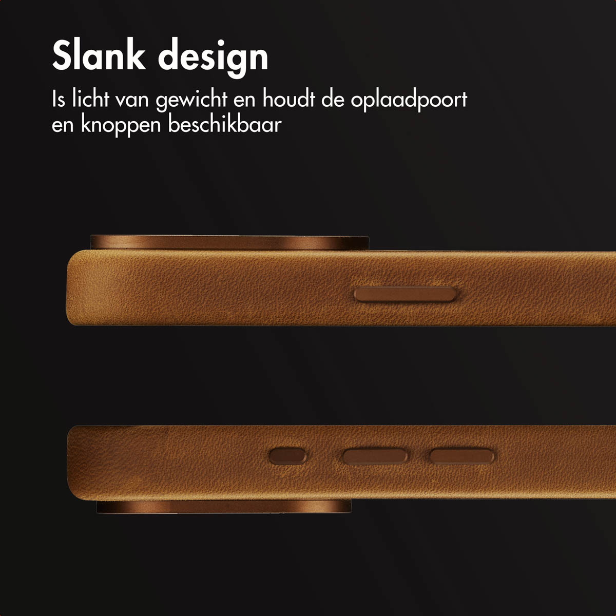 Close-up van een telefoonhoesje met de zijkant met knoppen. De hoes is bruin.