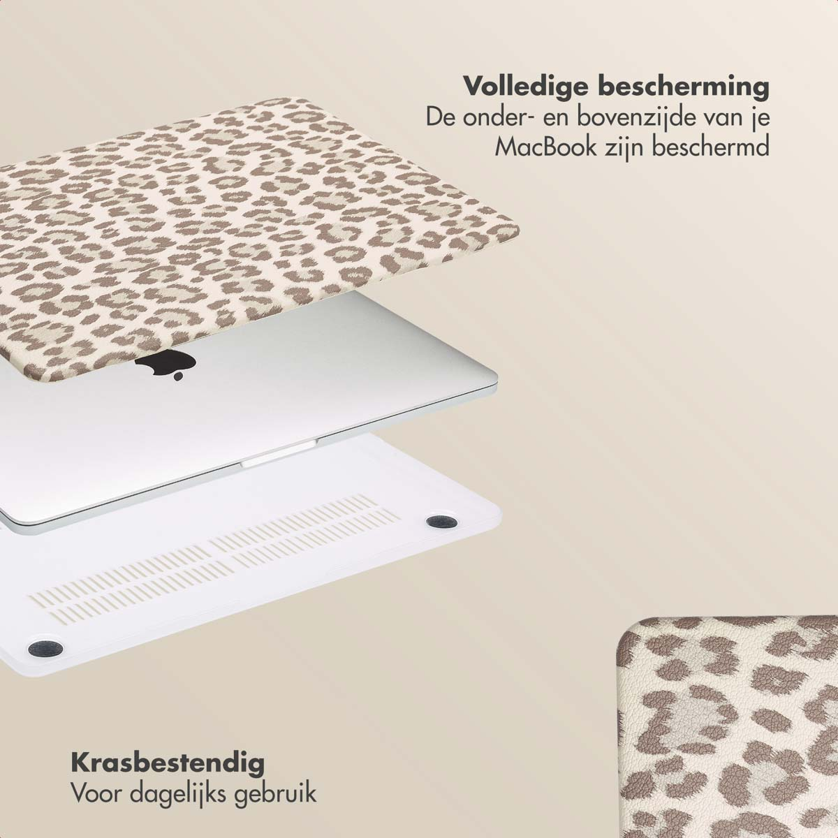 A laptop and case, with a leopard print pattern. The laptop is open, and a protective case is above it. Text says 'Full protection'.