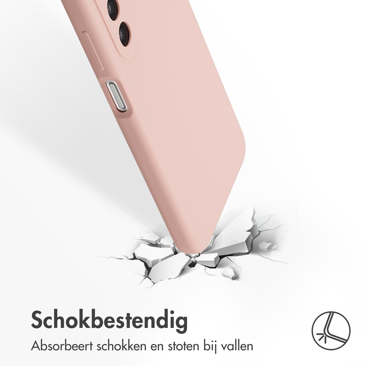 Een telefoonhoesje valt en raakt de grond, waardoor scheuren ontstaan. De tekst zegt schokbestendig.
