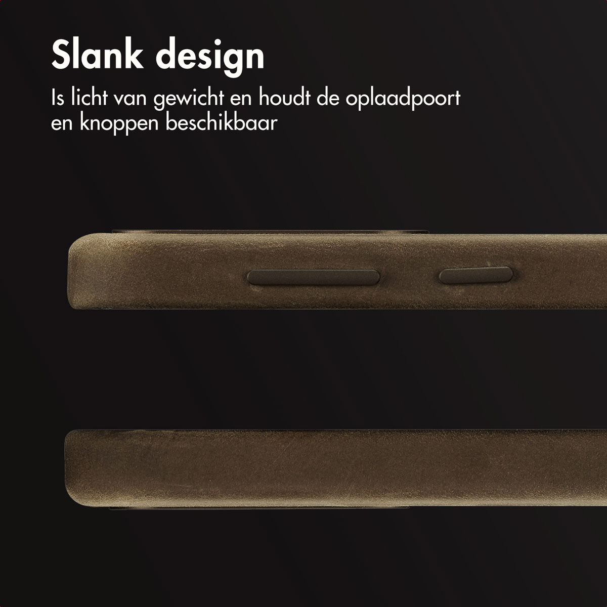 Close-up van de rand van de telefoonhoes met knoppen. Bruine kleur.