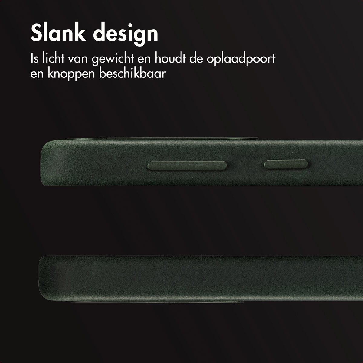 Gros plan sur le bord de l'étui du téléphone montrant les boutons. Couleur verte.
