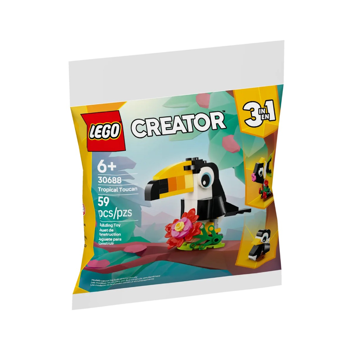 Zestaw LEGO Creator 3 w 1 Tropical Toucan w plastikowej torbie. Model tukan na froncie torby.