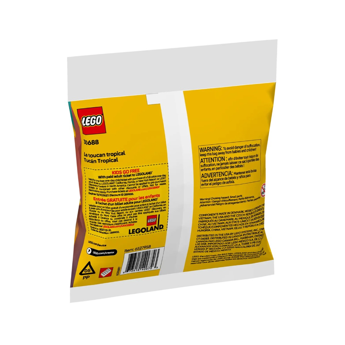 Tył torby zestawu LEGO Creator Tropical Toucan. Zawiera ostrzeżenia i instrukcje.