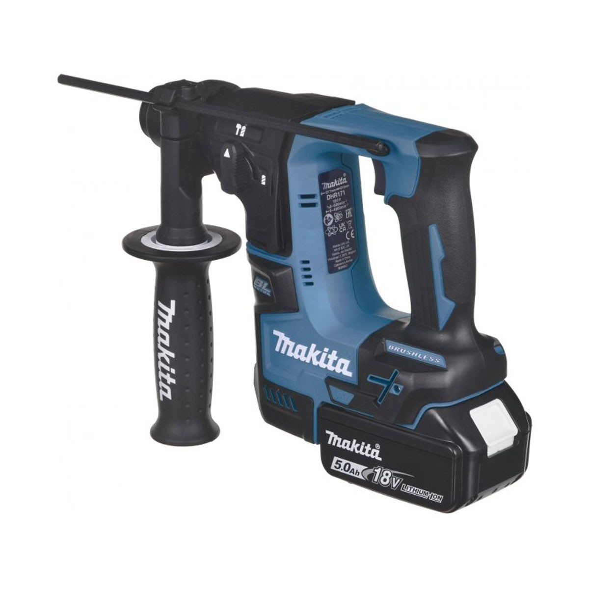 Ein schwarz-blauer Makita Akku-Bohrhammer mit Akku, Griff und Bohrer.