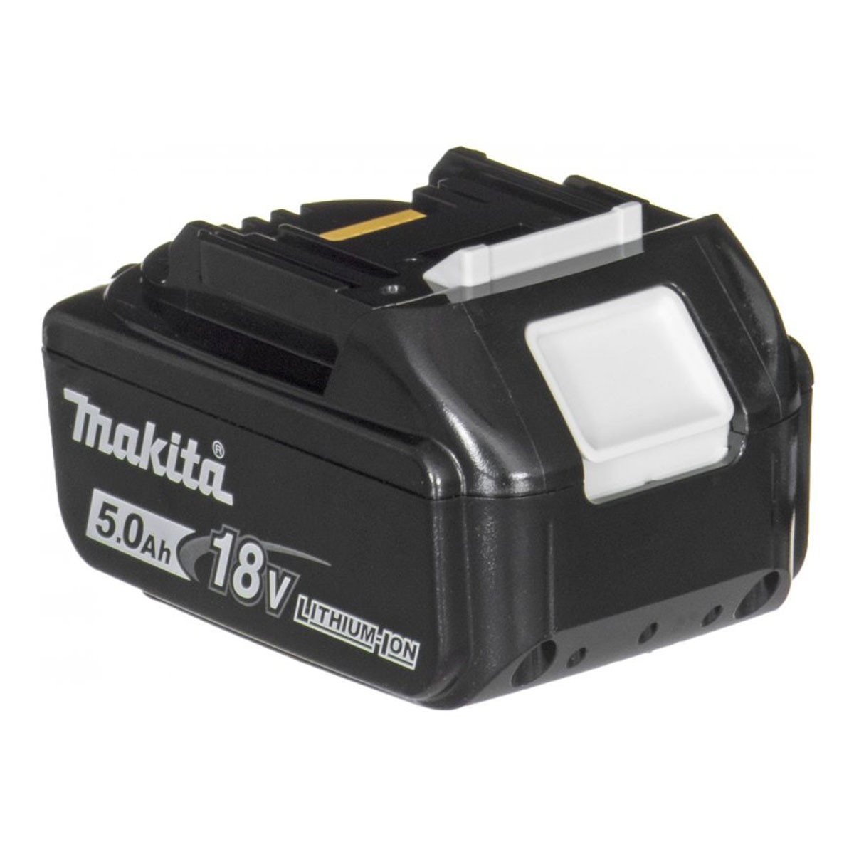 Schwarzer Makita 18V 5.0Ah Akku. Weißes Logo und Text auf der Seite. Weiße und schwarze Details oben.