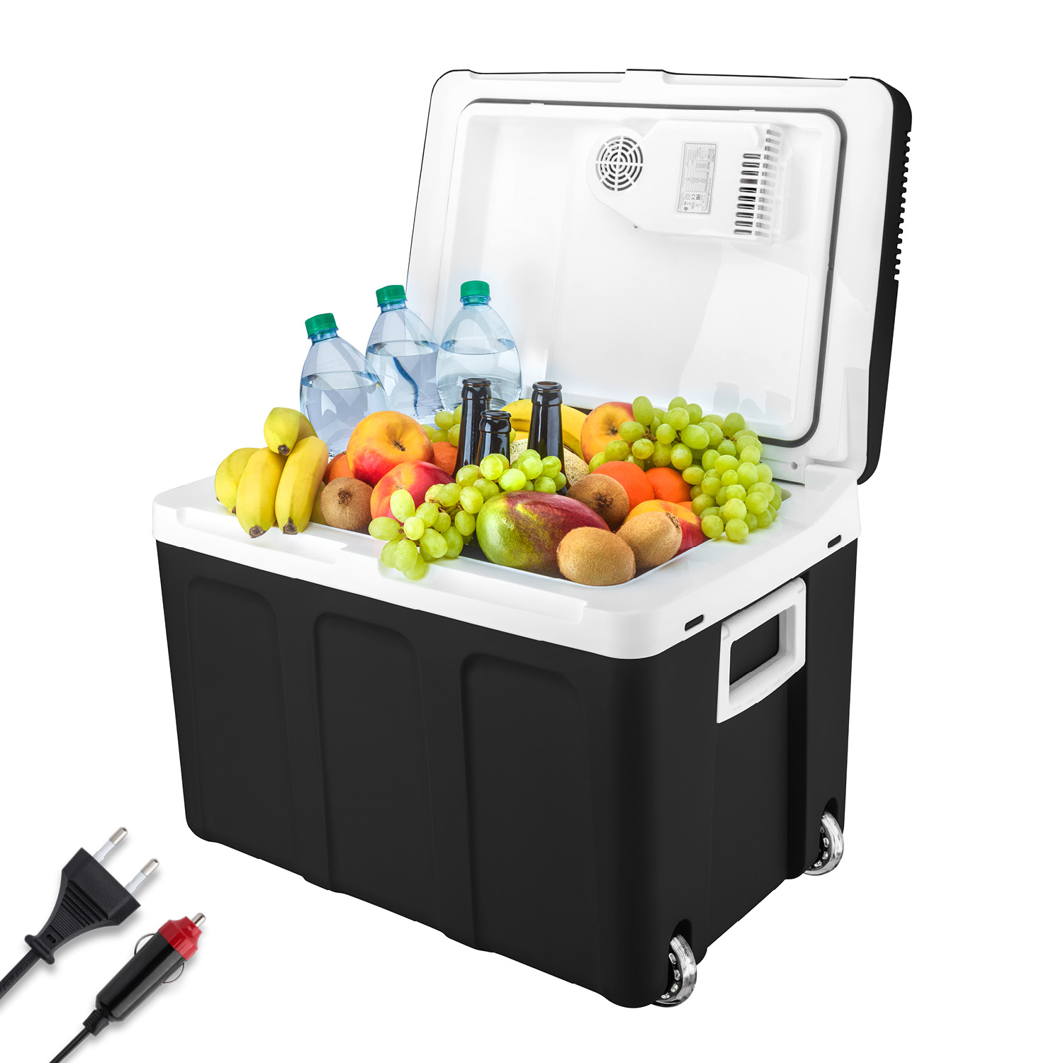Ein schwarzer Kühler ist geöffnet und mit Obst und Mineralwasser gefüllt. Zwei Stecker sind davor.