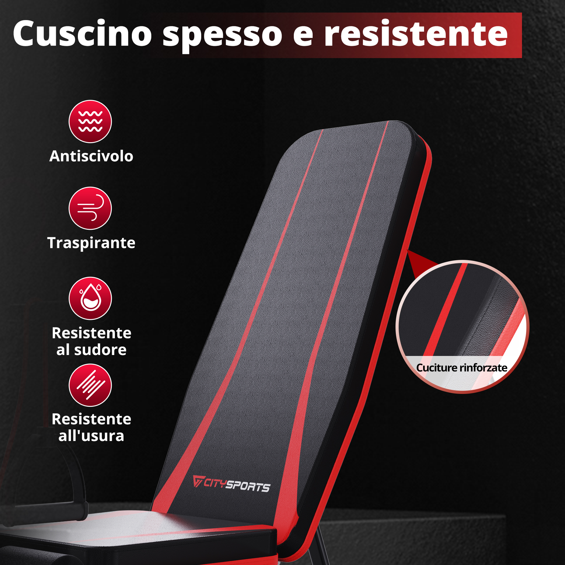 Primo piano della seduta di una panca pesi che mostra il cuscino spesso e resistente. La seduta è nera con dettagli rossi. Caratteristiche: antiscivolo, traspirante e resistente all'usura.