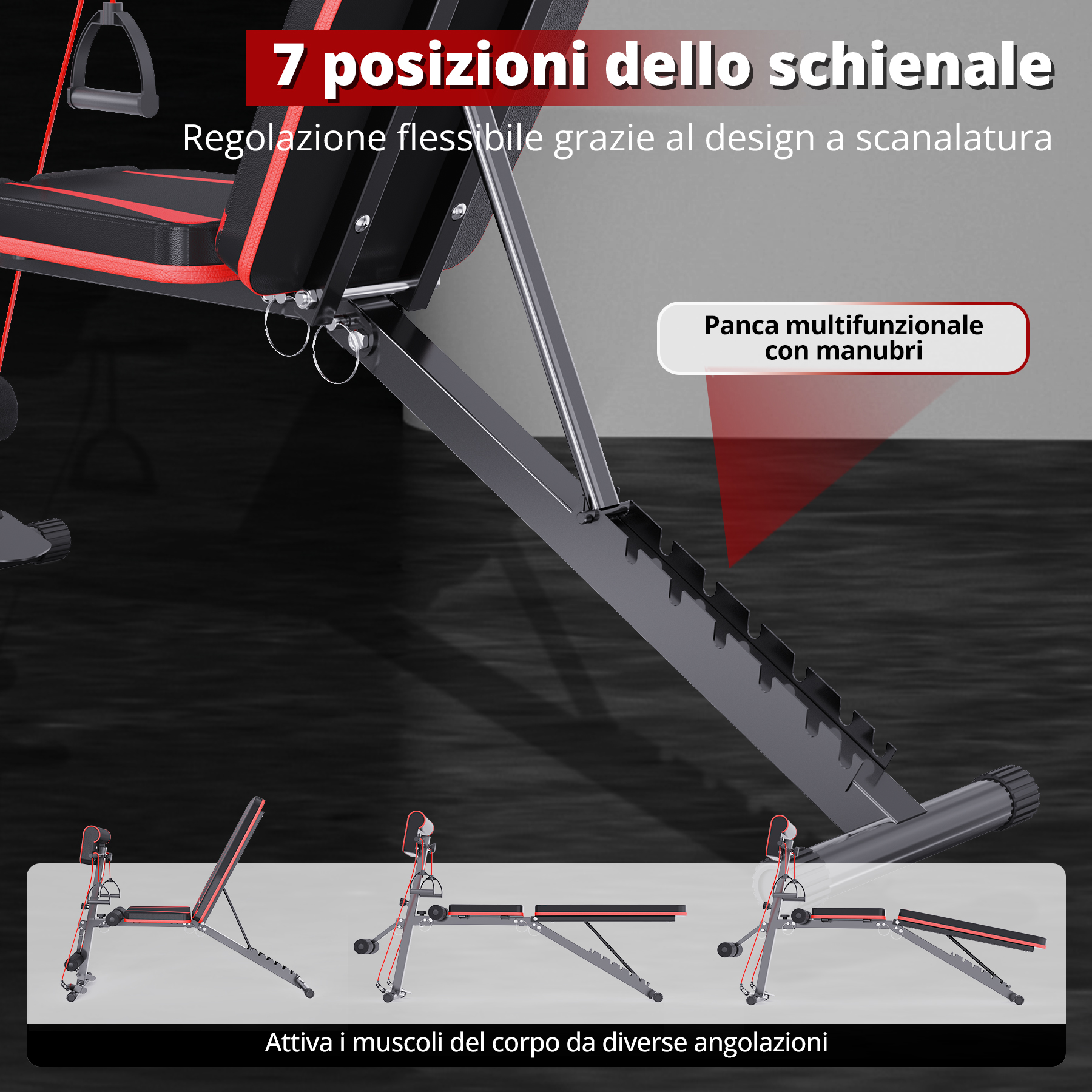 Viene mostrata una panca pesi regolabile con più posizioni. Il testo indica che ha una regolazione flessibile. Vengono visualizzate tre posizioni della panca.