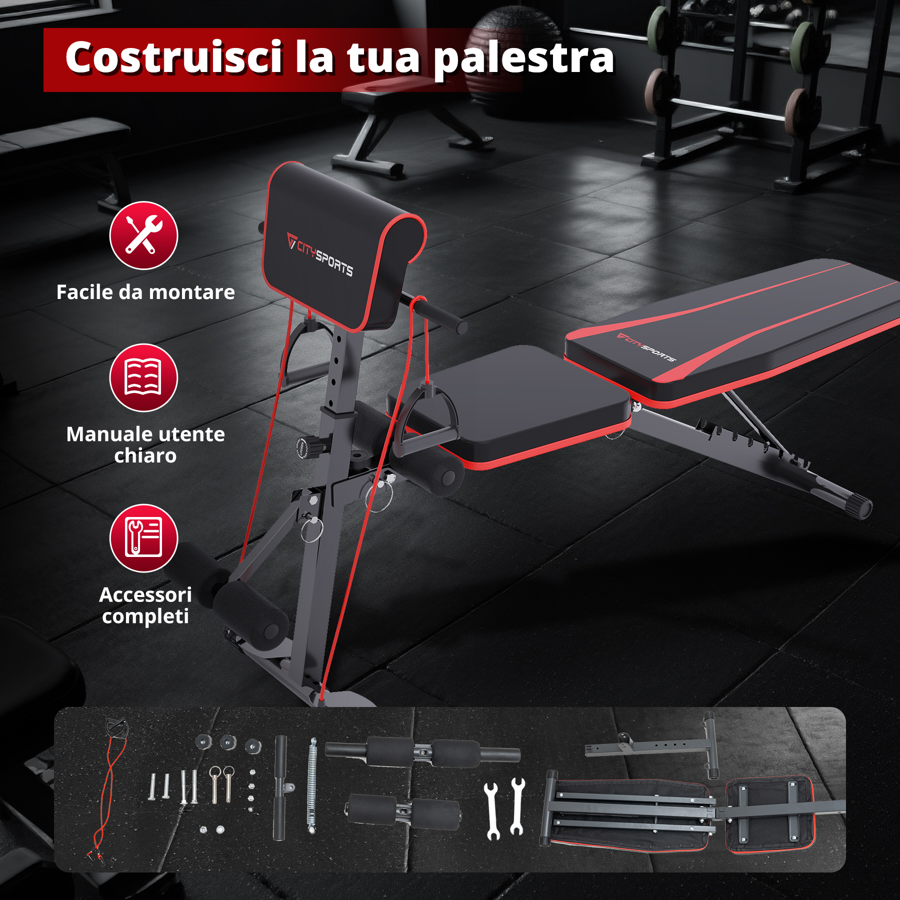 Un'immagine mostra una panca pesi con accessori inclusi. La panca è nera e rossa. Gli accessori mostrati vengono utilizzati per l'allestimento della palestra domestica.