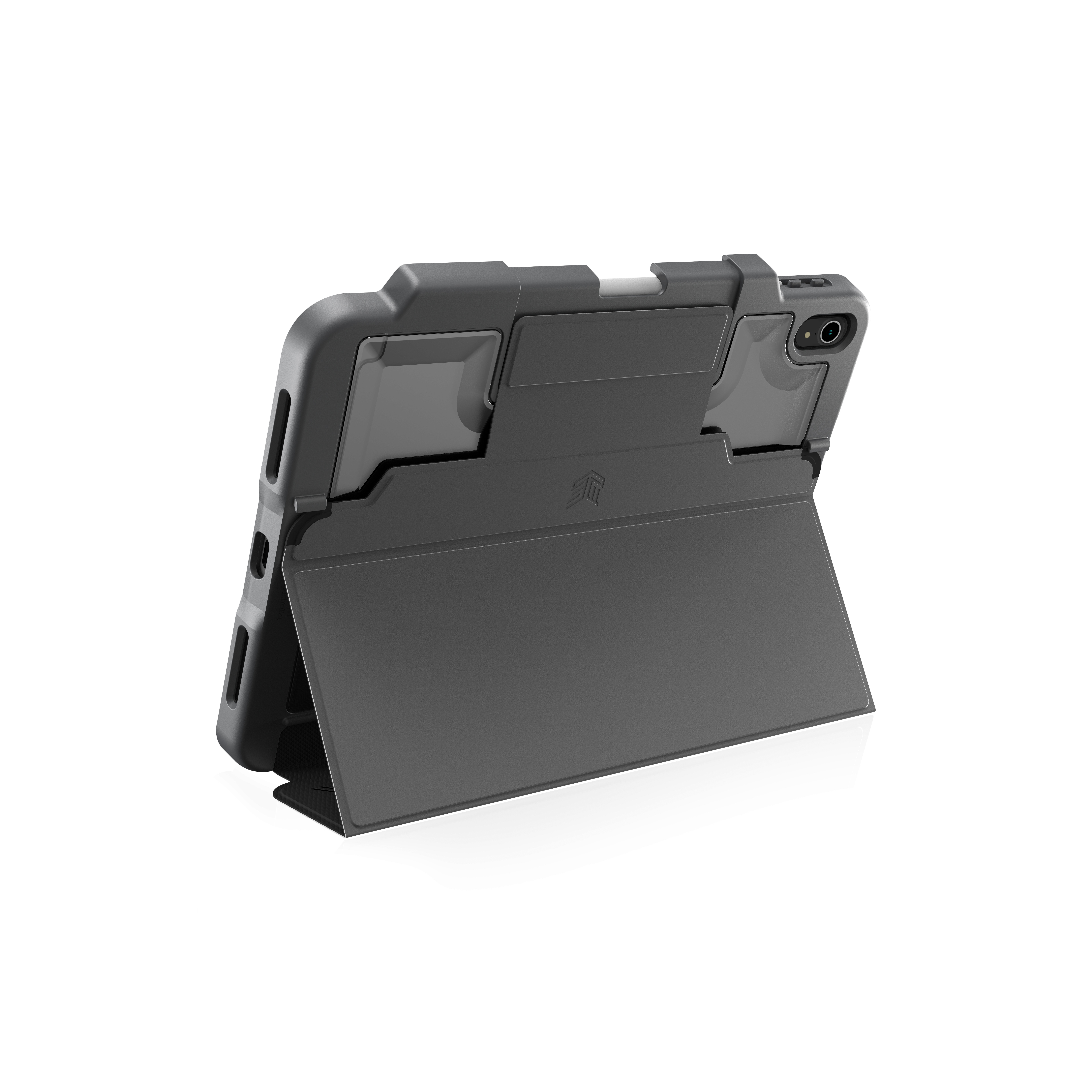 Tablet in custodia grigia. Logo Apple visibile. Supporto nero. Sfondo bianco. Slimgoods.com.