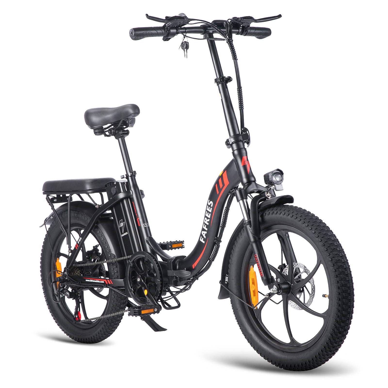 Ein schwarzes Elektrofahrrad mit roten und orangen Akzenten auf weißem Hintergrund, das sein Design zeigt.