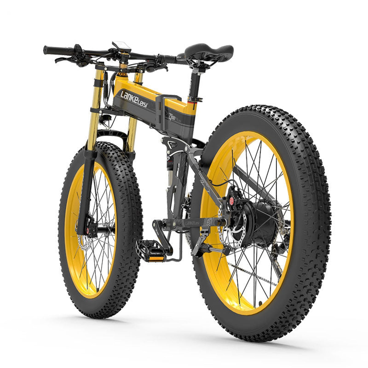 Gelbes und schwarzes Elektrofahrrad, schwarze Reifen, gelbe Felgen, LankeLeisi-Branding, auf weißem Hintergrund.