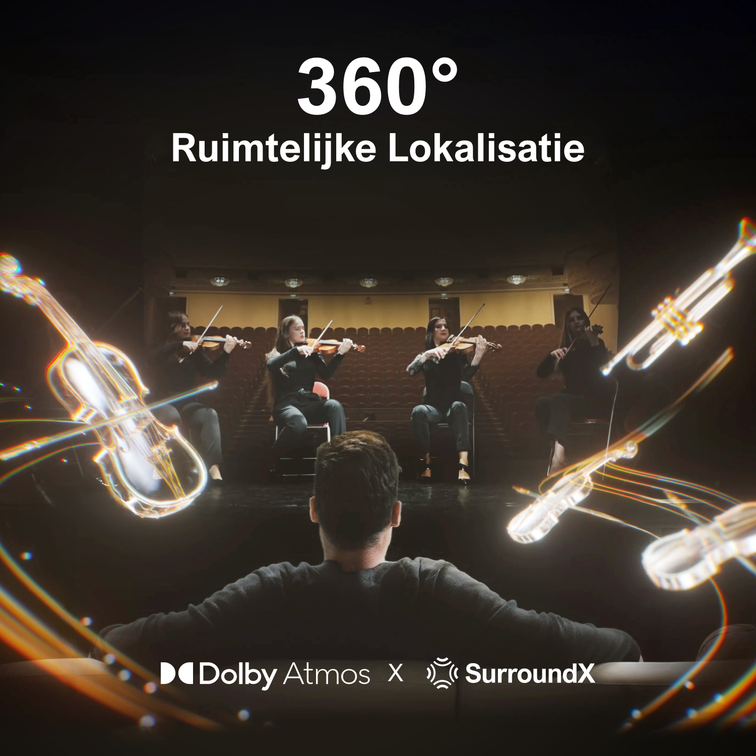 Un homme regarde un affichage holographique d'une salle de concert avec des instruments à cordes et des trompettes. Le texte met en évidence le son spatial à 360°.